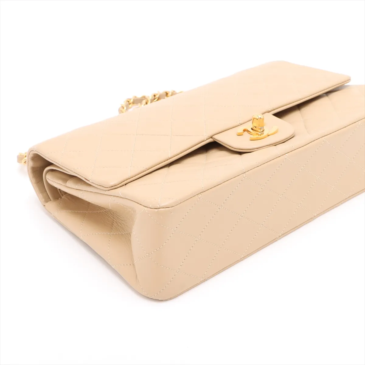 Matelassé 25 Lambskin Double Flap Double Chain Bag, Beige, Gold Hardware, Series 1, A01112 — view 4