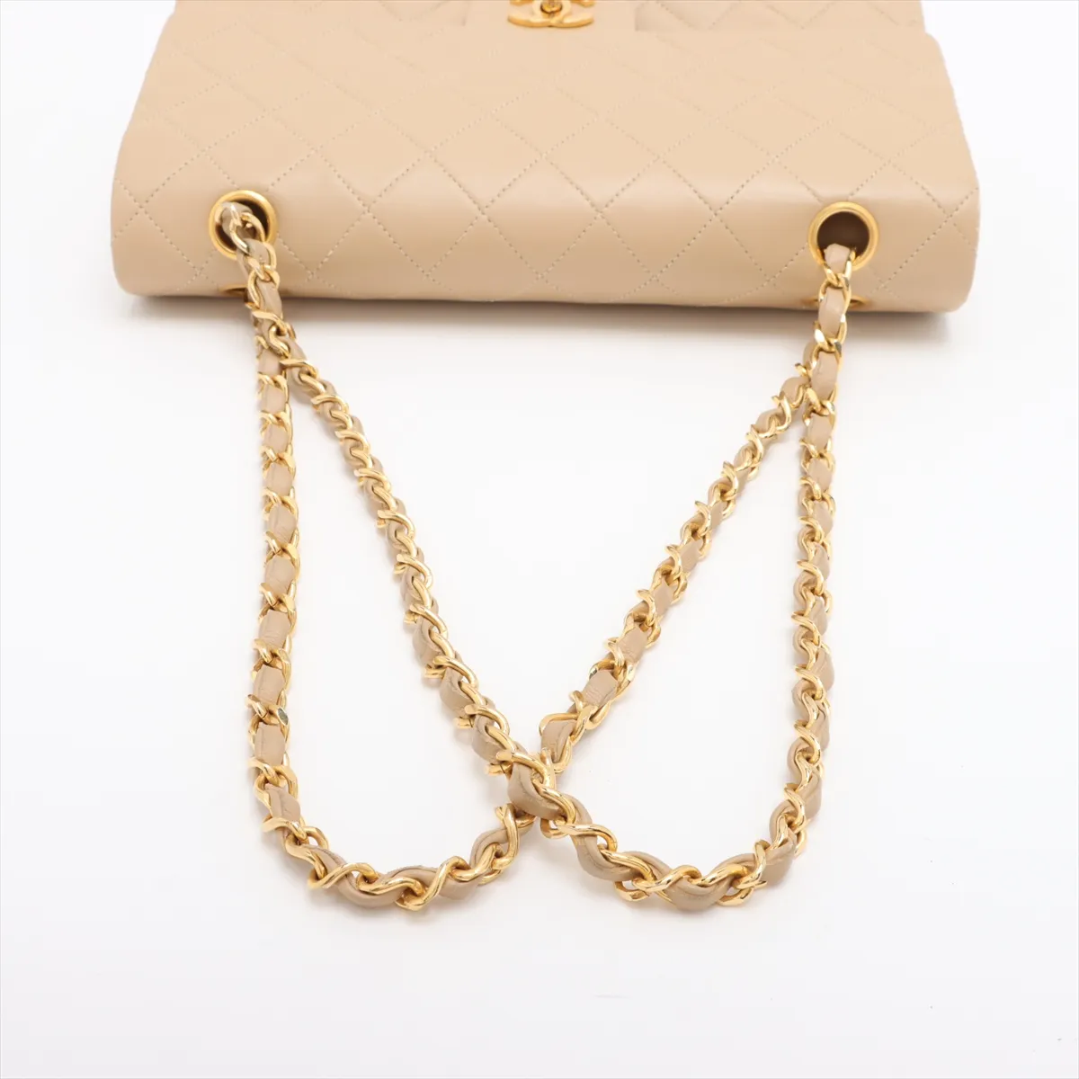Matelassé 25 Lambskin Double Flap Double Chain Bag, Beige, Gold Hardware, Series 1, A01112 — view 5
