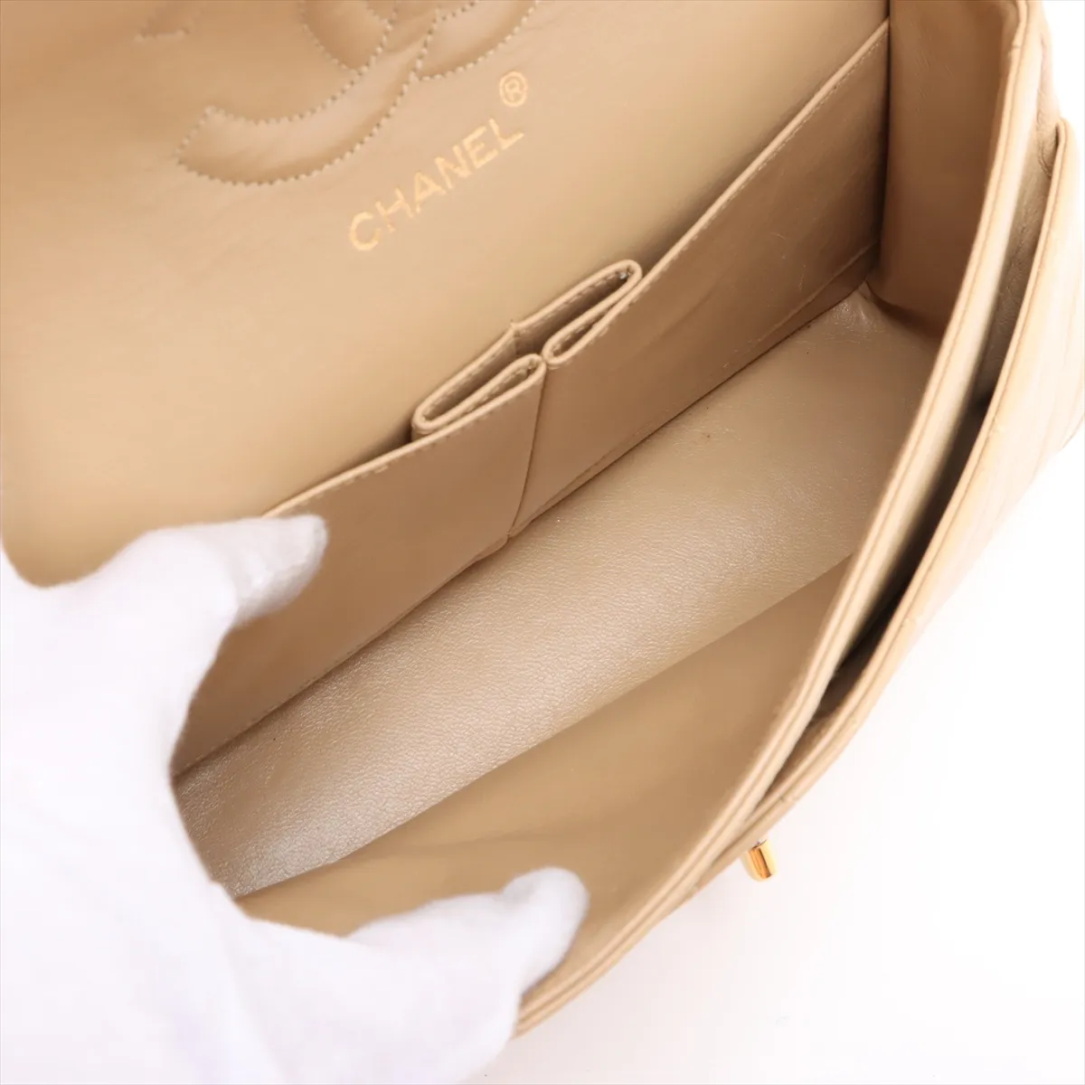 Matelassé 25 Lambskin Double Flap Double Chain Bag, Beige, Gold Hardware, Series 1, A01112 — view 7