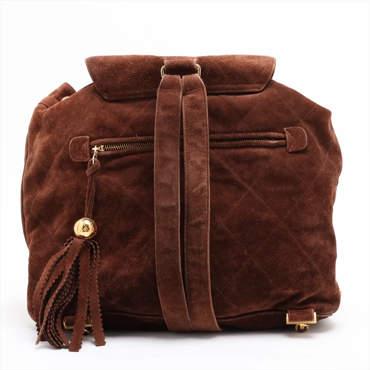 Matelassé Suede Chain Backpack with Fringe, Brown, Gold Hardware, Item No. 3037395 (Serial No. 3) — view 2