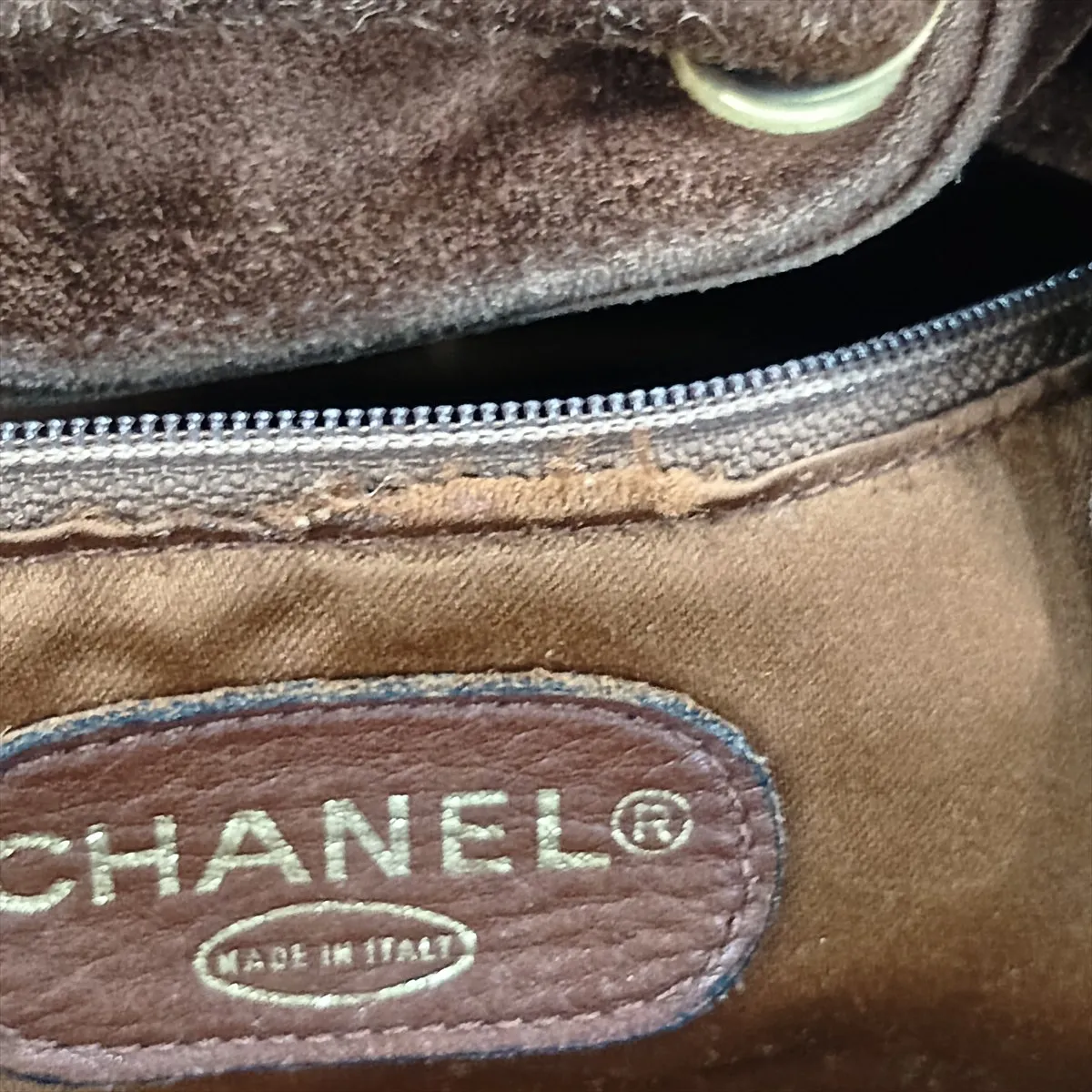 Matelassé Suede Chain Backpack with Fringe, Brown, Gold Hardware, Item No. 3037395 (Serial No. 3) — view 15