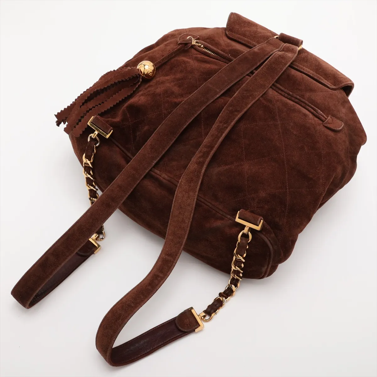 Matelassé Suede Chain Backpack with Fringe, Brown, Gold Hardware, Item No. 3037395 (Serial No. 3) — view 5
