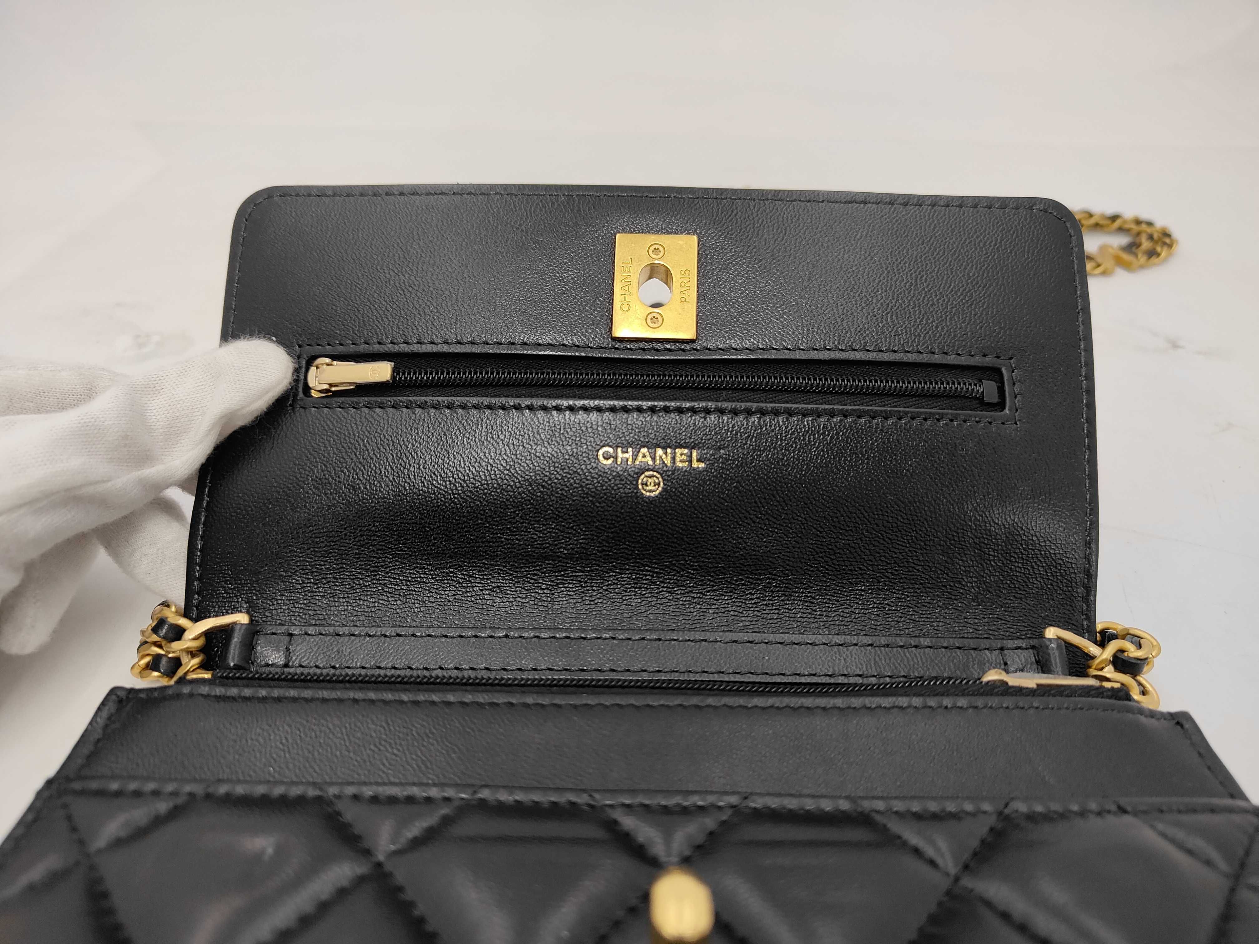Matelassé Chain Wallet, Black Lambskin, Chain Coco Mark, Gold Hardware, Shoulder Bag — view 8