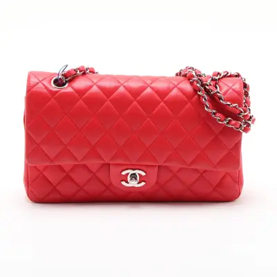 [Individually packaged] Chanel Matelassé 25 Lambskin Double Flap Double Chain Bag, Red, Silver Hardware, 22498507, Serial Number 22, A01112