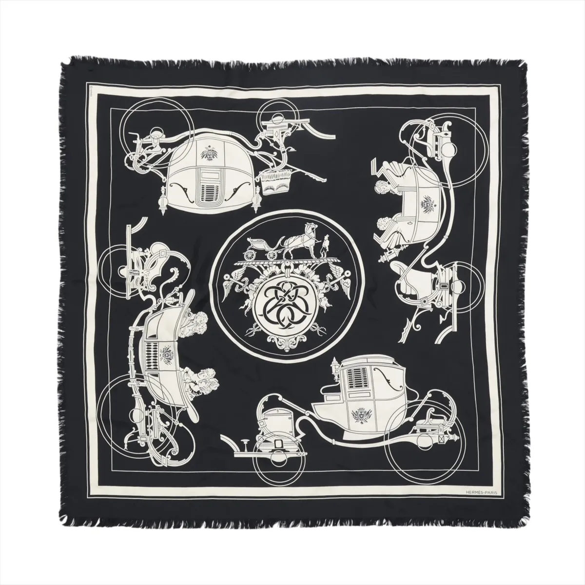 Carre 80 FRANGE HOMME EX LIBRIS scarf, silk, black, with some wear, snags, and fraying.