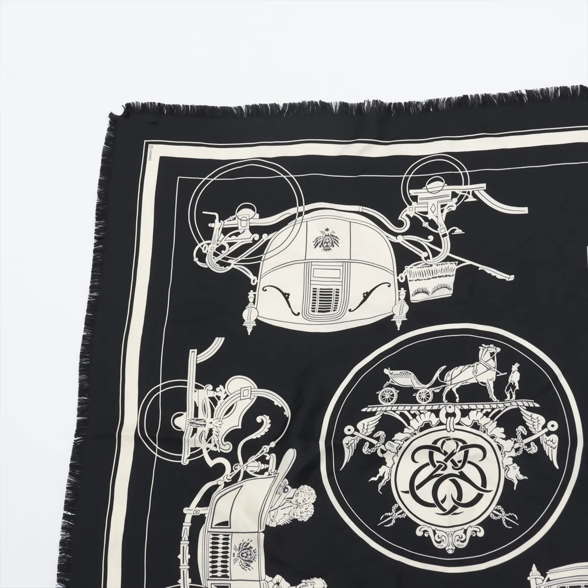 Carre 80 FRANGE HOMME EX LIBRIS scarf, silk, black, with some wear, snags, and fraying. — view 2