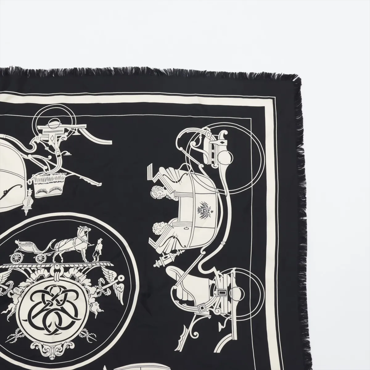 Carre 80 FRANGE HOMME EX LIBRIS scarf, silk, black, with some wear, snags, and fraying. — view 3