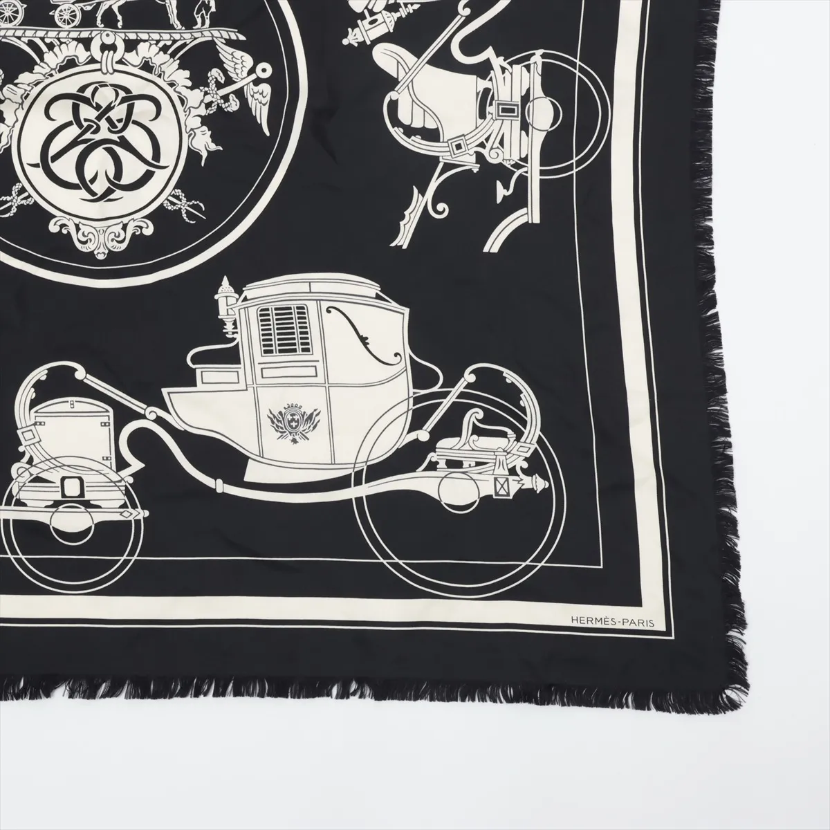 Carre 80 FRANGE HOMME EX LIBRIS scarf, silk, black, with some wear, snags, and fraying. — view 4