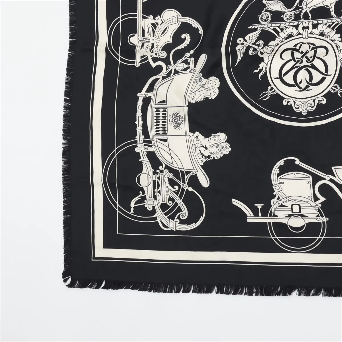 Carre 80 FRANGE HOMME EX LIBRIS scarf, silk, black, with some wear, snags, and fraying. — view 5
