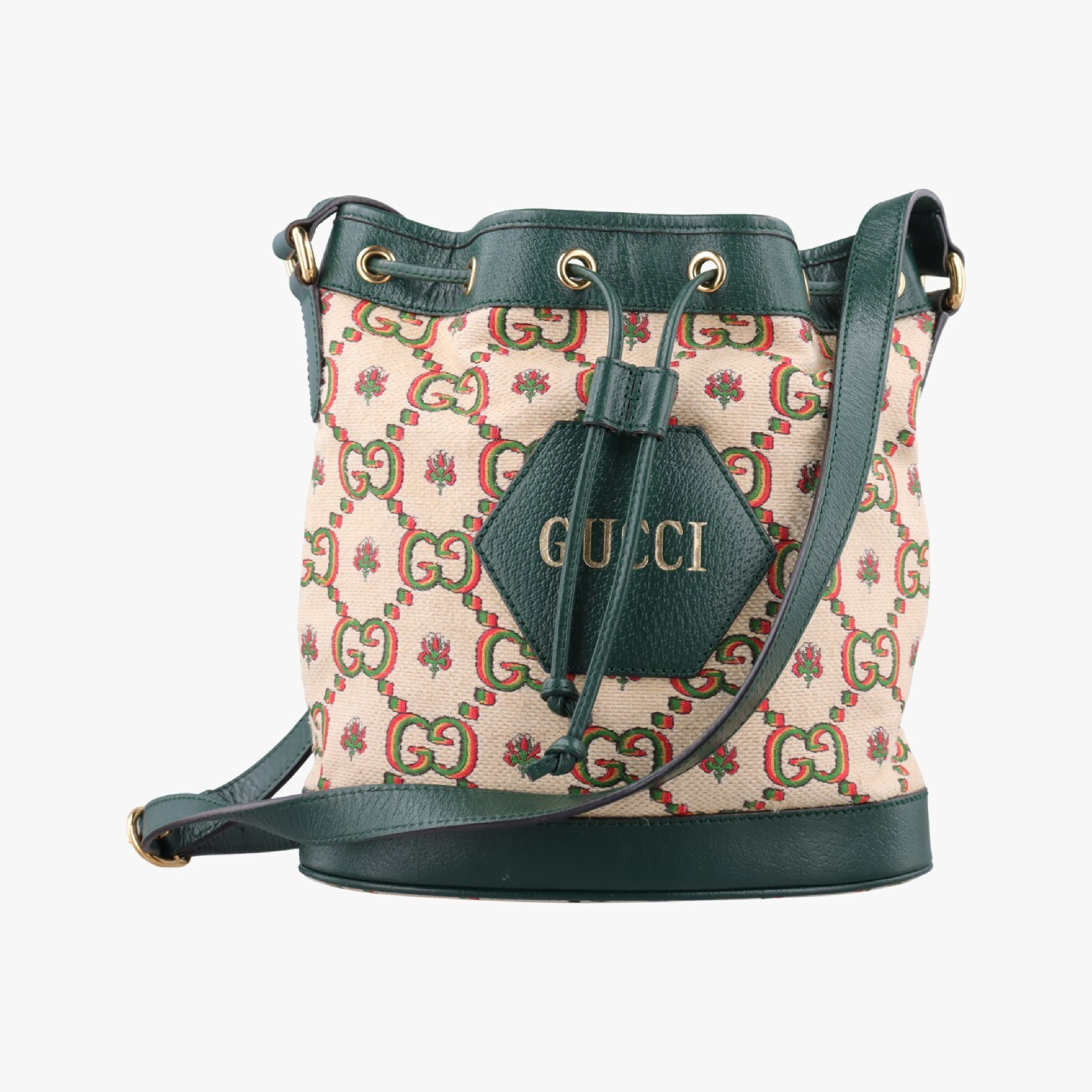 100th Anniversary Ophidia Mini Bucket Bag, Green x Multi, Canvas x Leather, 676682 I035885864, Shoulder Bag