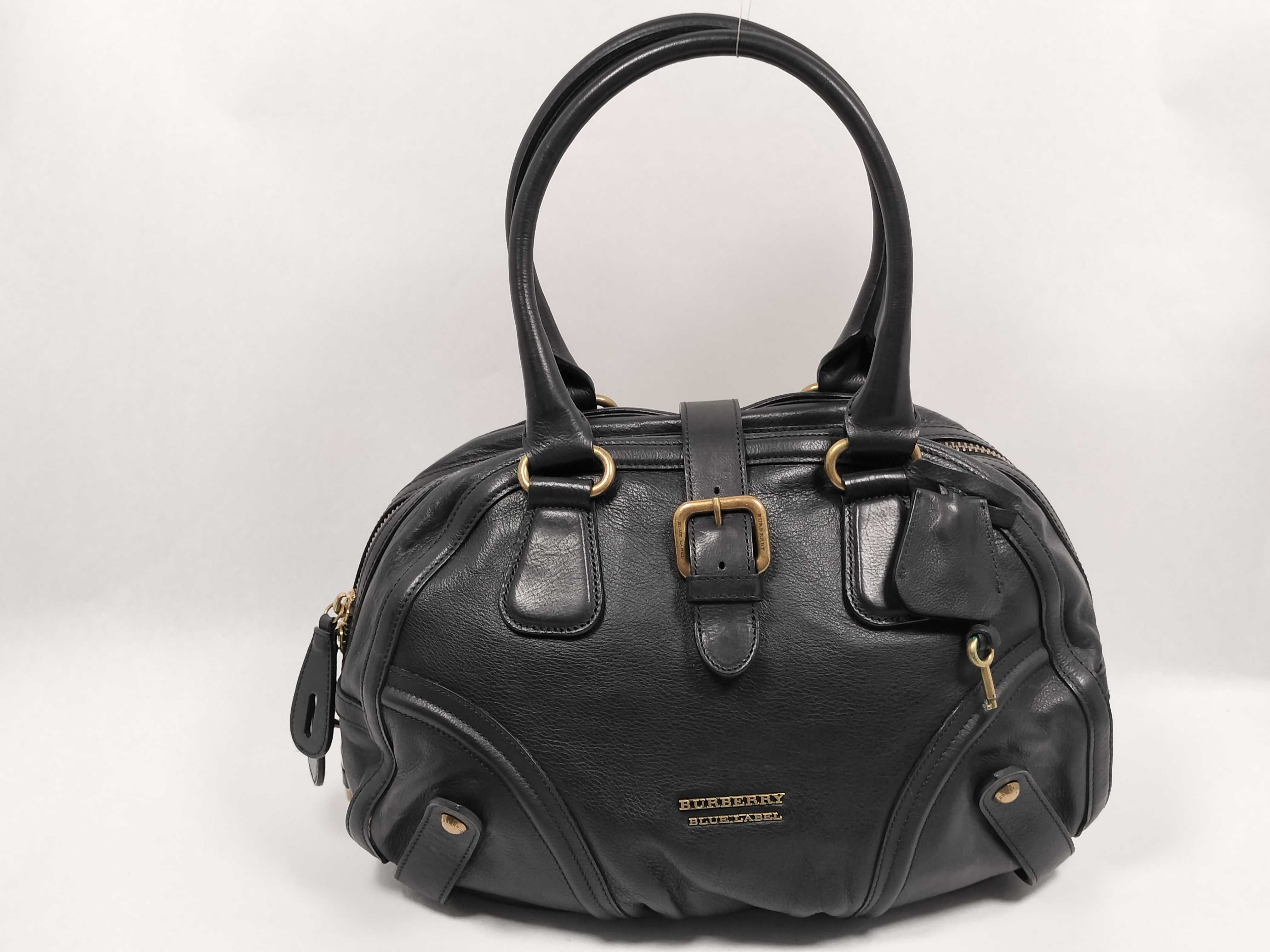 Blue Label BLUE All-Leather Mini Boston Bag, Black, with Padlock and Key.