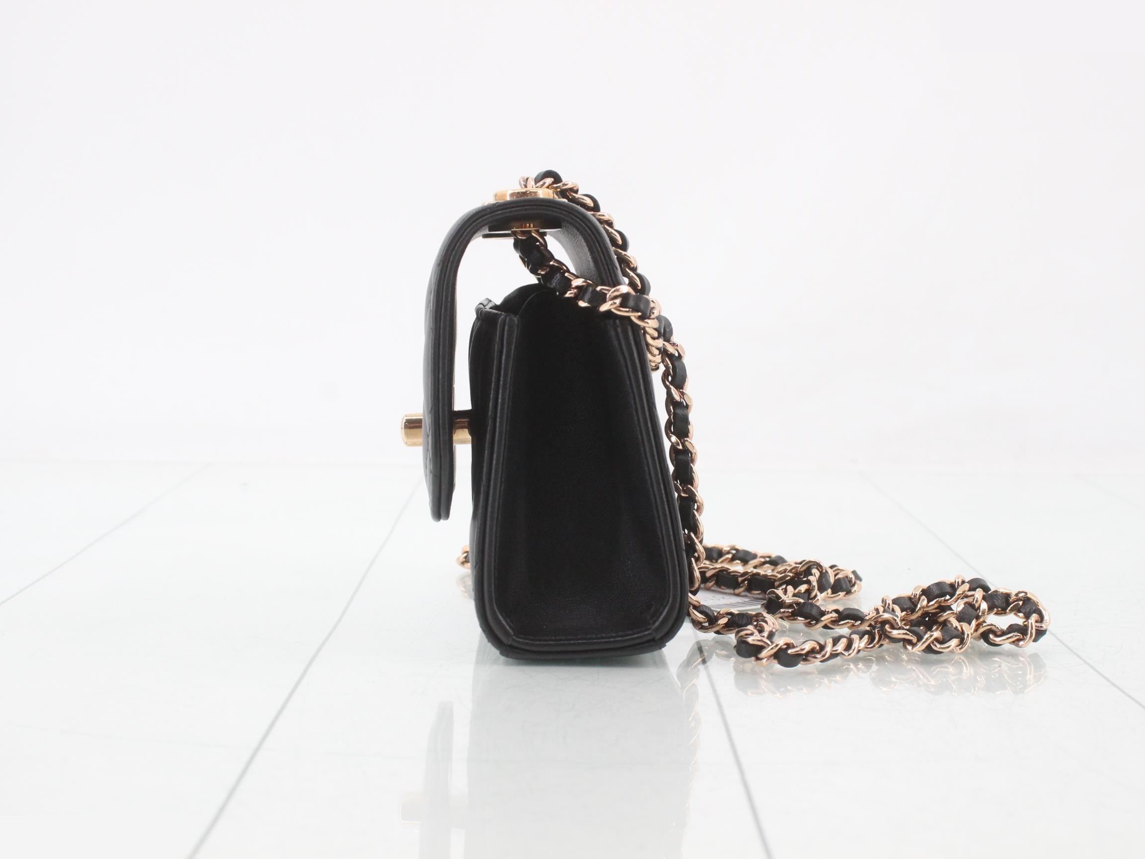 Matelassé Trendy Mini Chain Shoulder Bag, Lambskin, Black — view 3