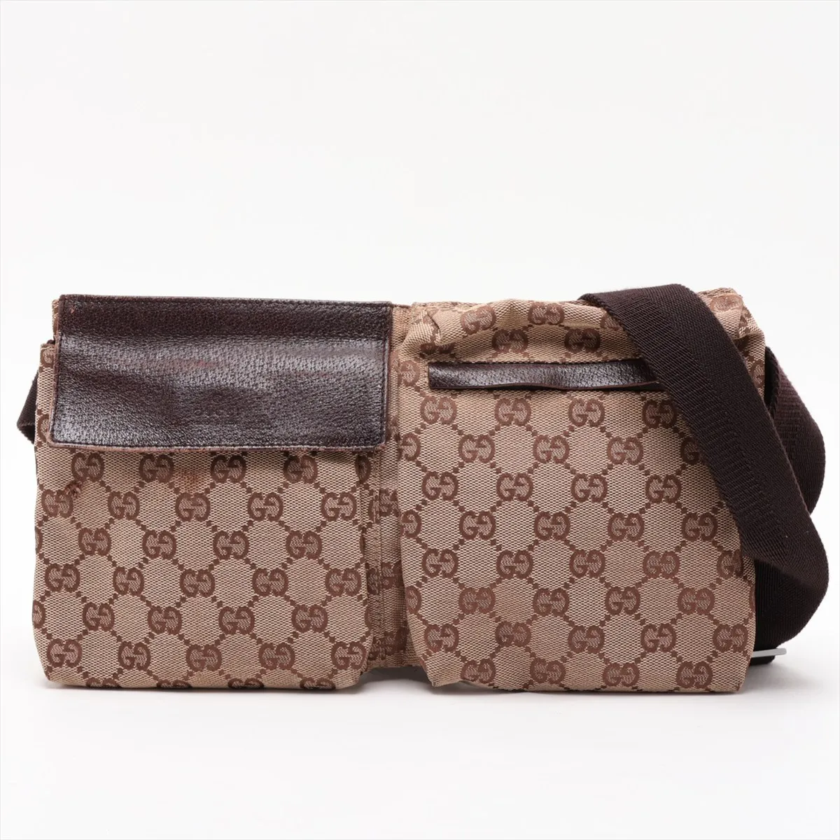 GG Canvas x Leather Waist Pouch Beige x Brown 28566