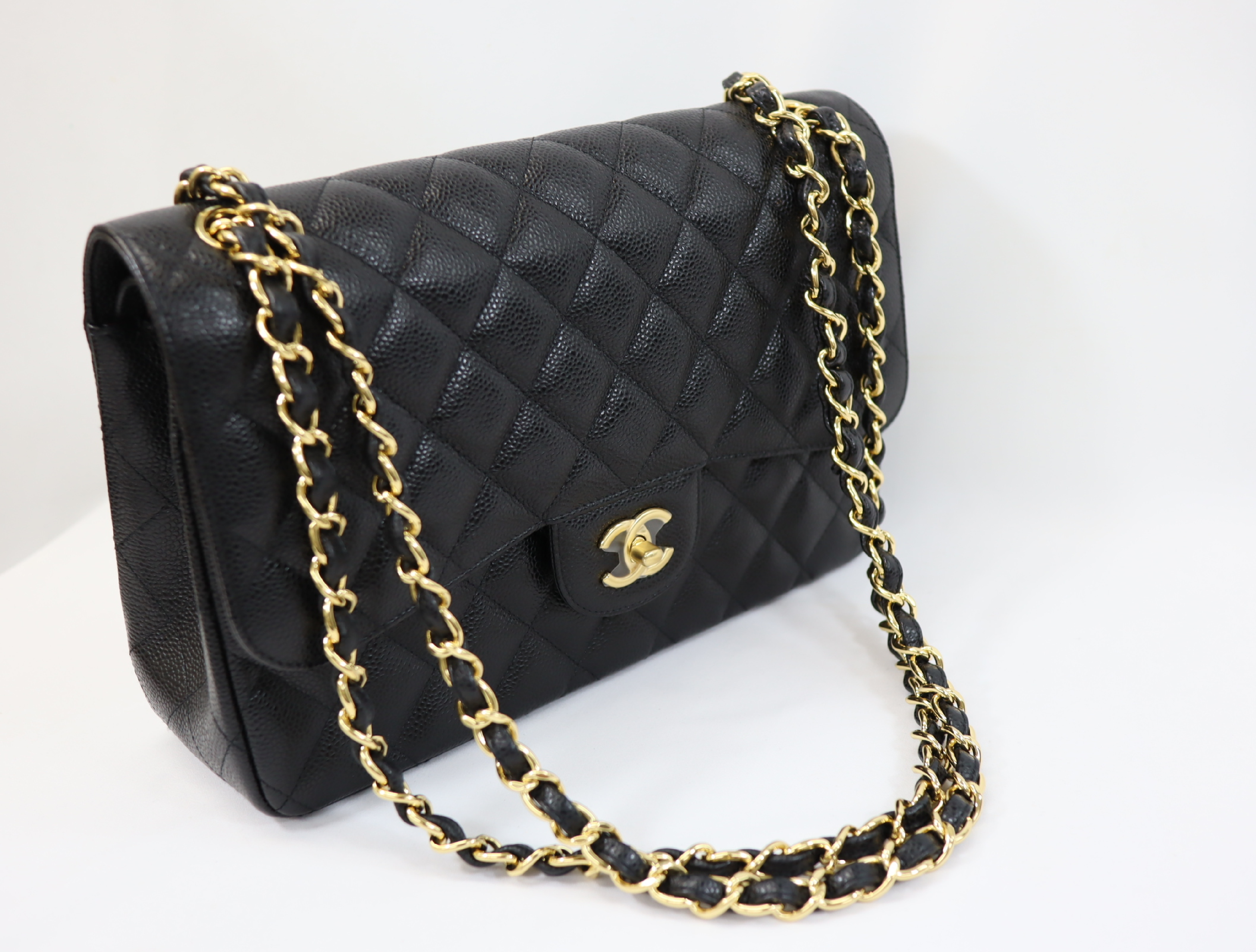 Matelassé 30 Caviar Skin Double Flap Double Chain Bag, Black with Gold Hardware, Serial Number 24-series, A58600, Shoulder Bag — view 3