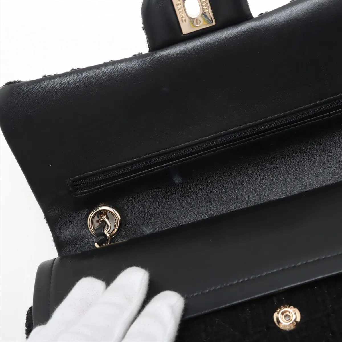 [Individually wrapped] Chanel Matelasse 25 Tweed Double Flap Double Chain Bag Black Gold Hardware 31040971 31st Series A01112 — view 12