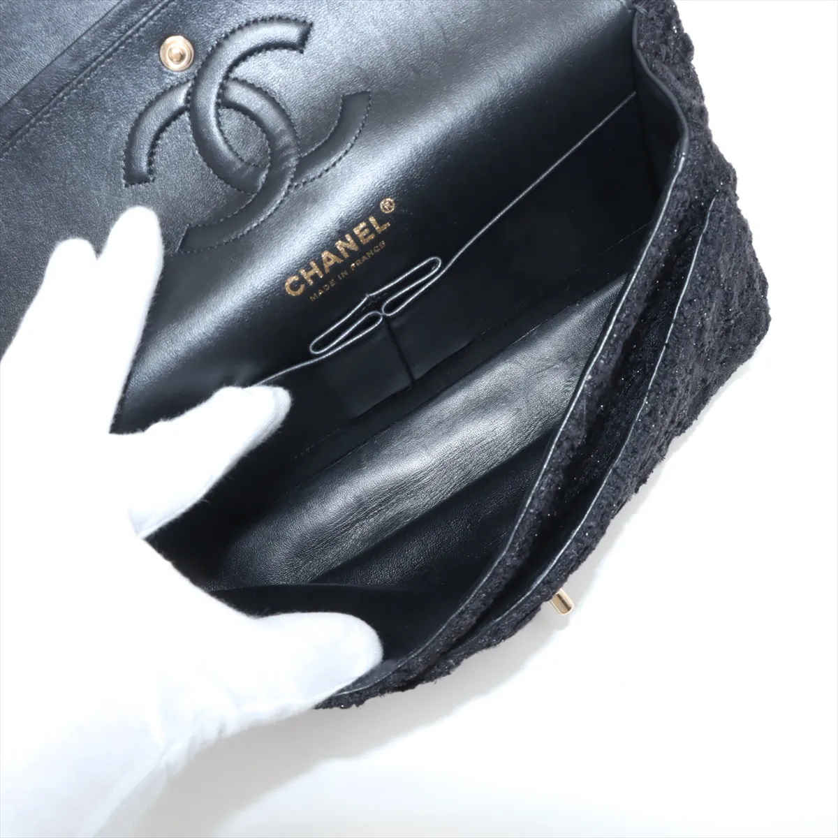 [Individually wrapped] Chanel Matelasse 25 Tweed Double Flap Double Chain Bag Black Gold Hardware 31040971 31st Series A01112 — view 6