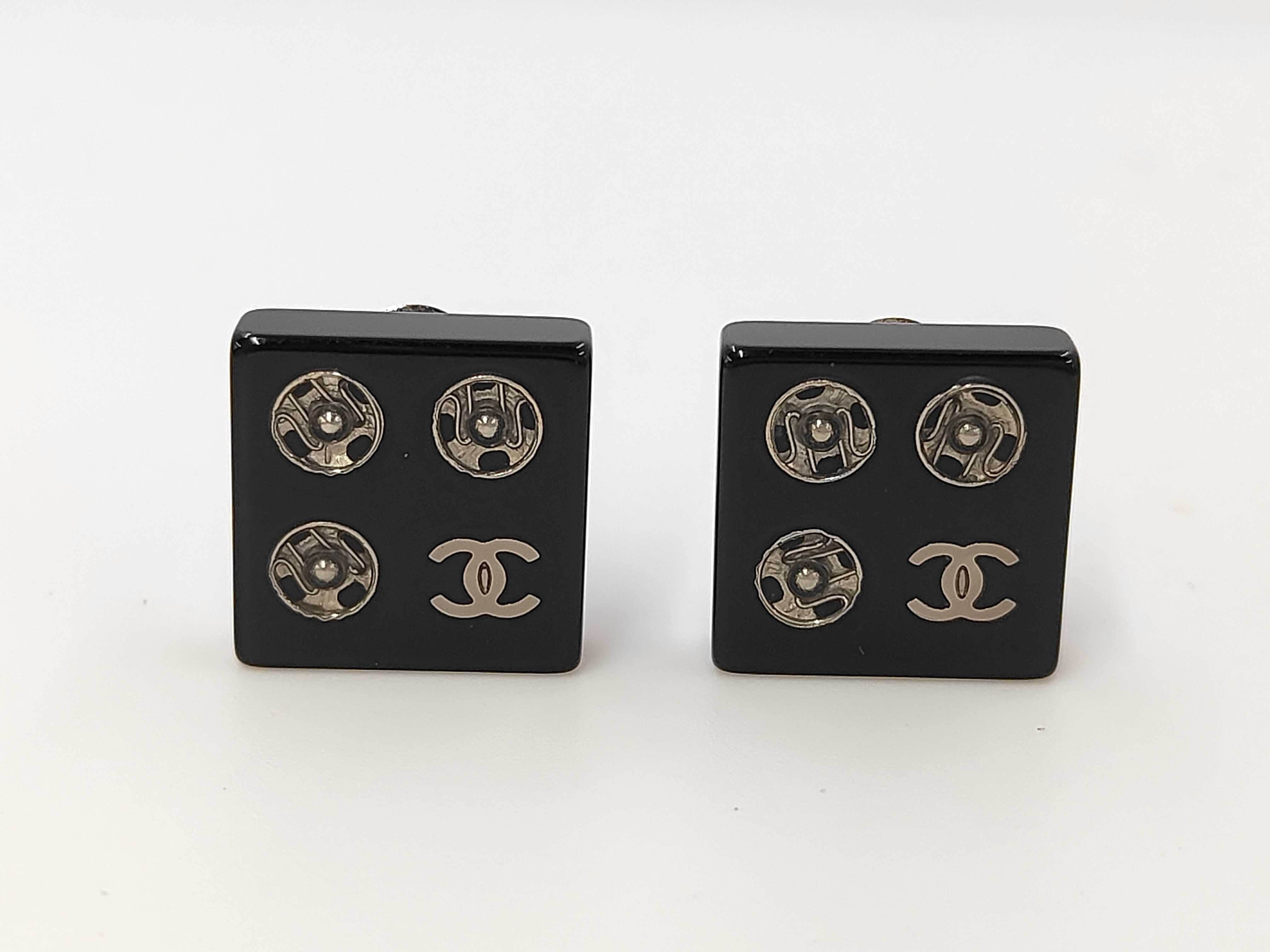Coco Mark Snap Button Square Earrings, Black x Silver
