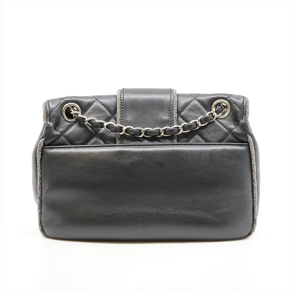 Matelassé Calfskin Single Flap Double Chain Bag, Black with Silver Hardware, 27128256, Dust Bag Included, Elementary Chic. — view 2