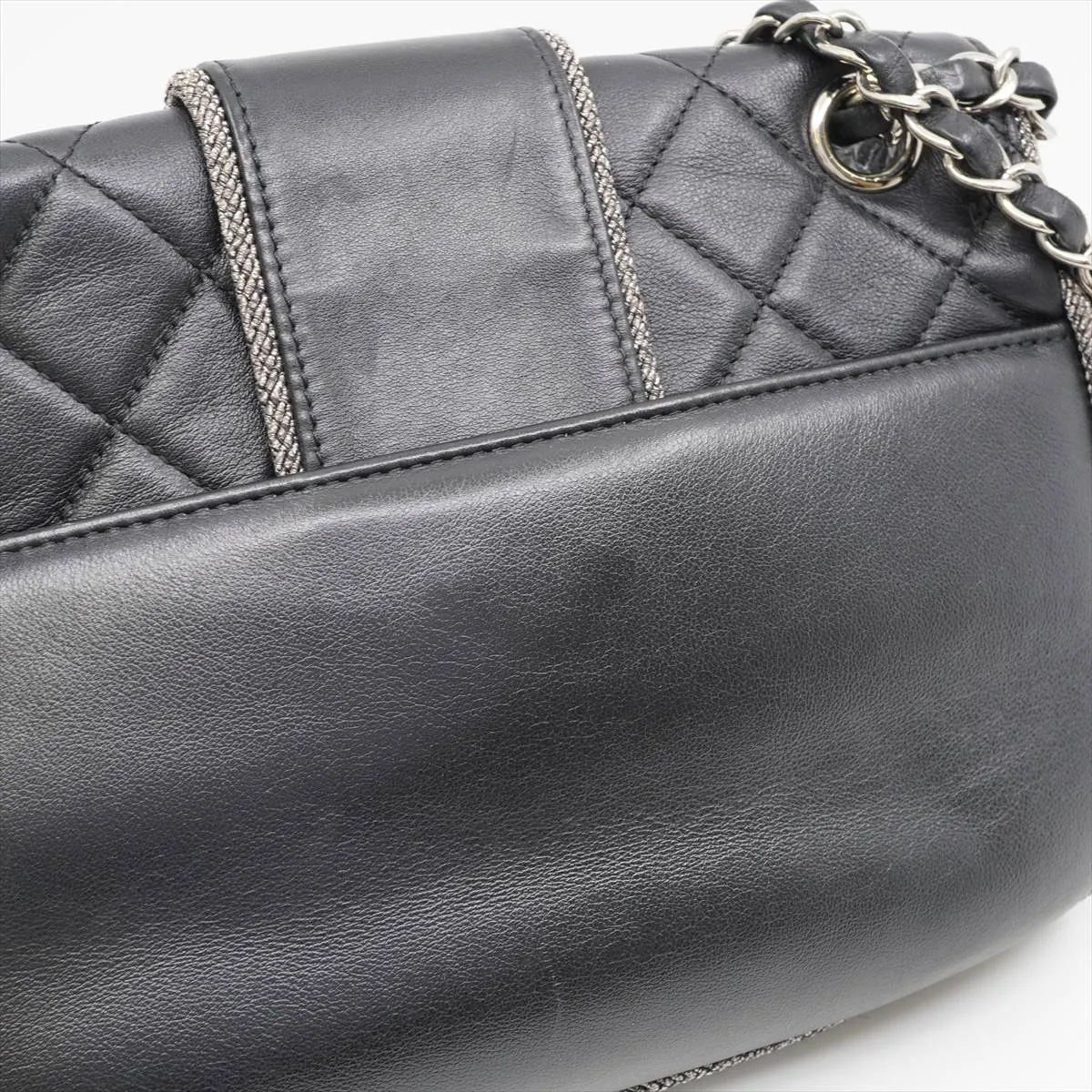 Matelassé Calfskin Single Flap Double Chain Bag, Black with Silver Hardware, 27128256, Dust Bag Included, Elementary Chic. — view 14