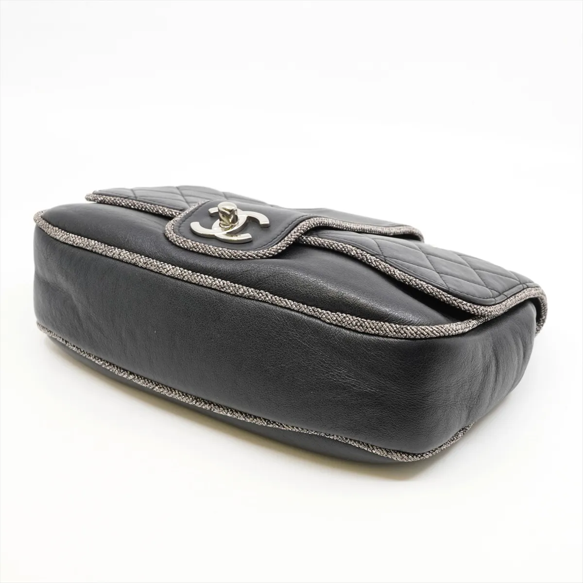 Matelassé Calfskin Single Flap Double Chain Bag, Black with Silver Hardware, 27128256, Dust Bag Included, Elementary Chic. — view 3