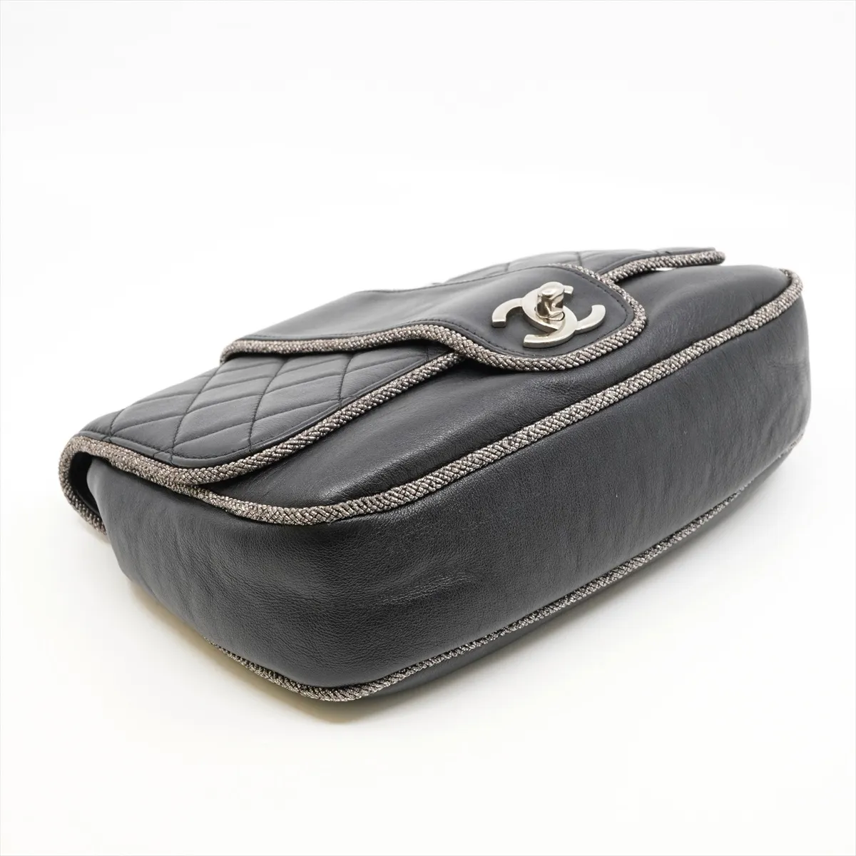Matelassé Calfskin Single Flap Double Chain Bag, Black with Silver Hardware, 27128256, Dust Bag Included, Elementary Chic. — view 4