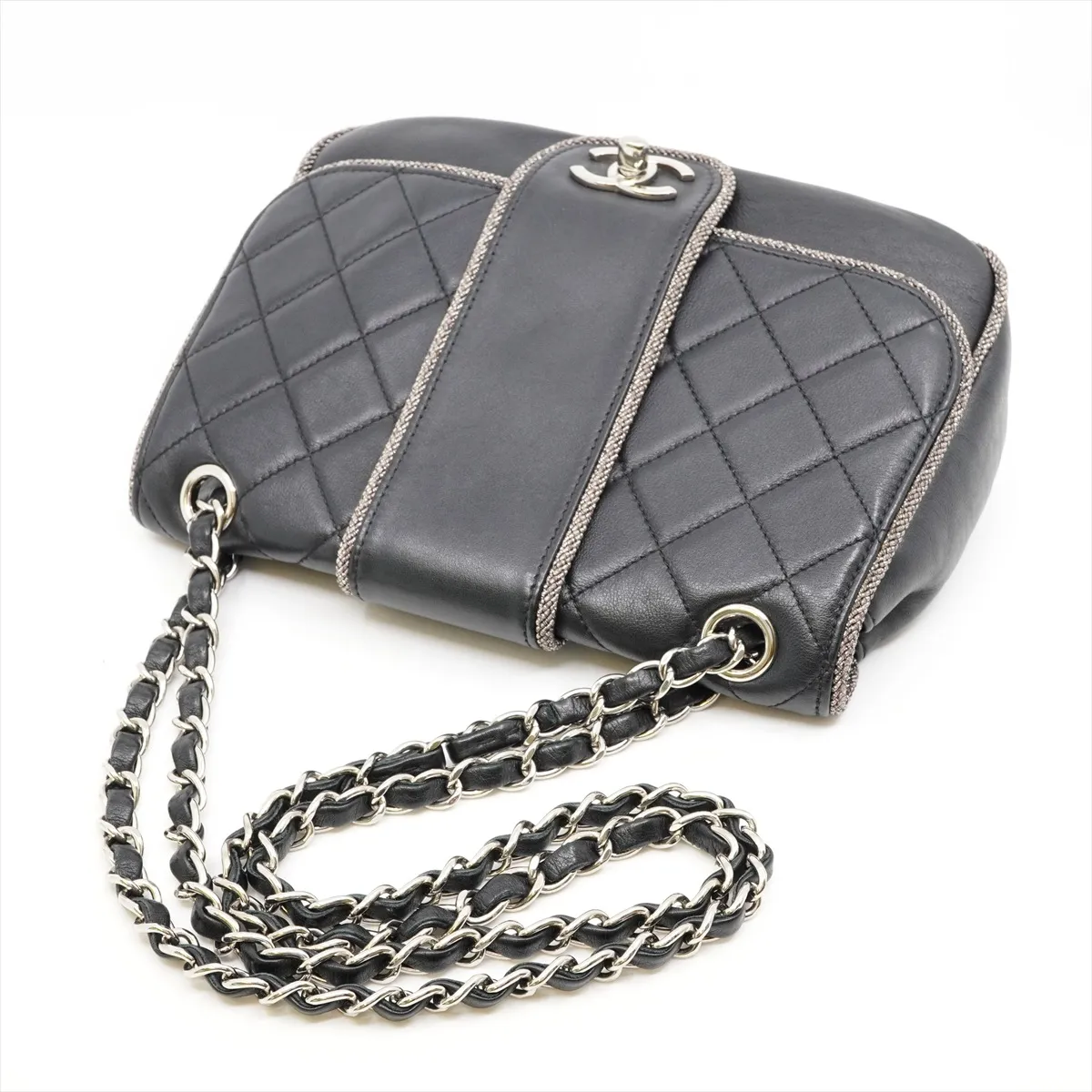 Matelassé Calfskin Single Flap Double Chain Bag, Black with Silver Hardware, 27128256, Dust Bag Included, Elementary Chic. — view 5