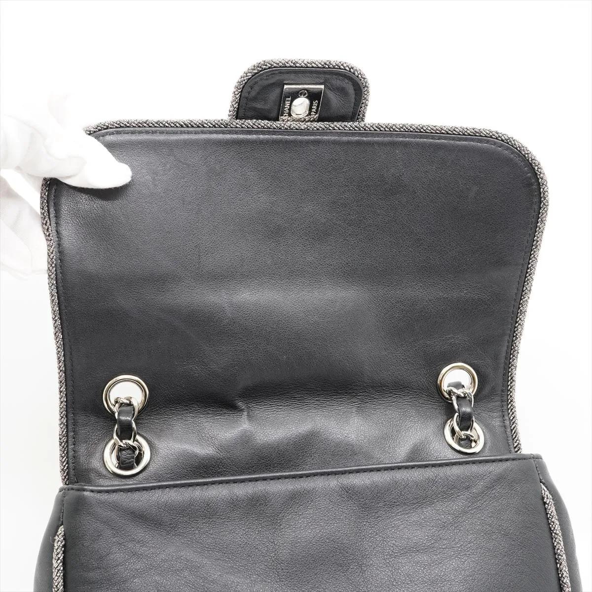Matelassé Calfskin Single Flap Double Chain Bag, Black with Silver Hardware, 27128256, Dust Bag Included, Elementary Chic. — view 10