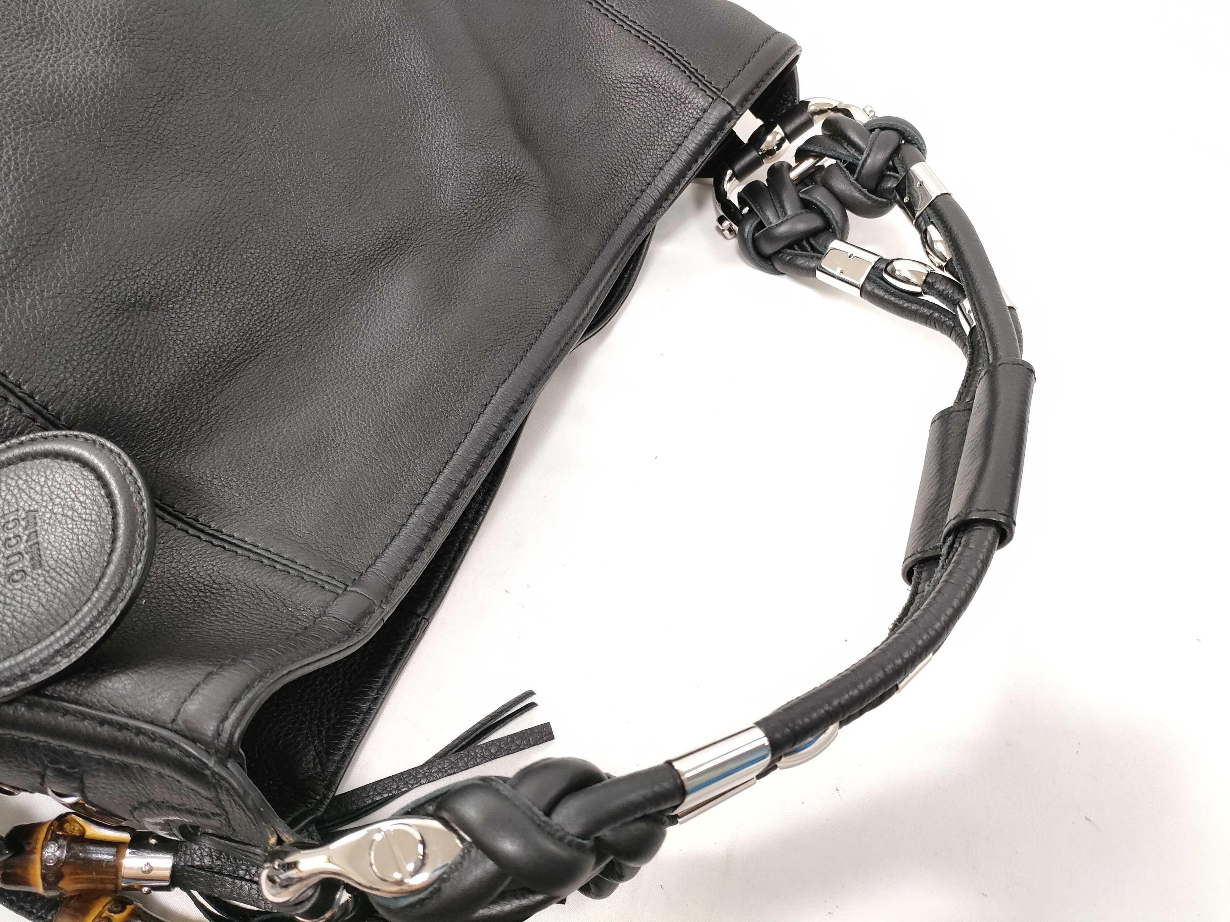 Black Leather Bamboo Tassel Tote Bag (Handbag) — view 6