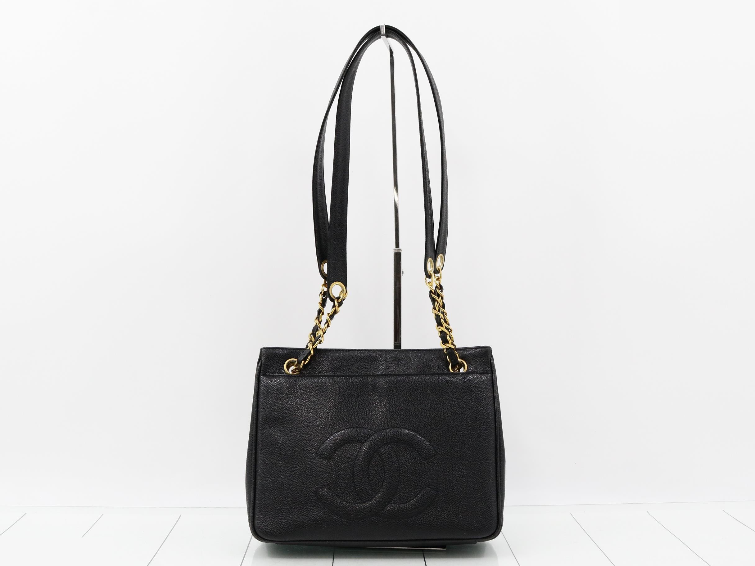 Caviar Skin Chain Tote Bag, Black — view 2