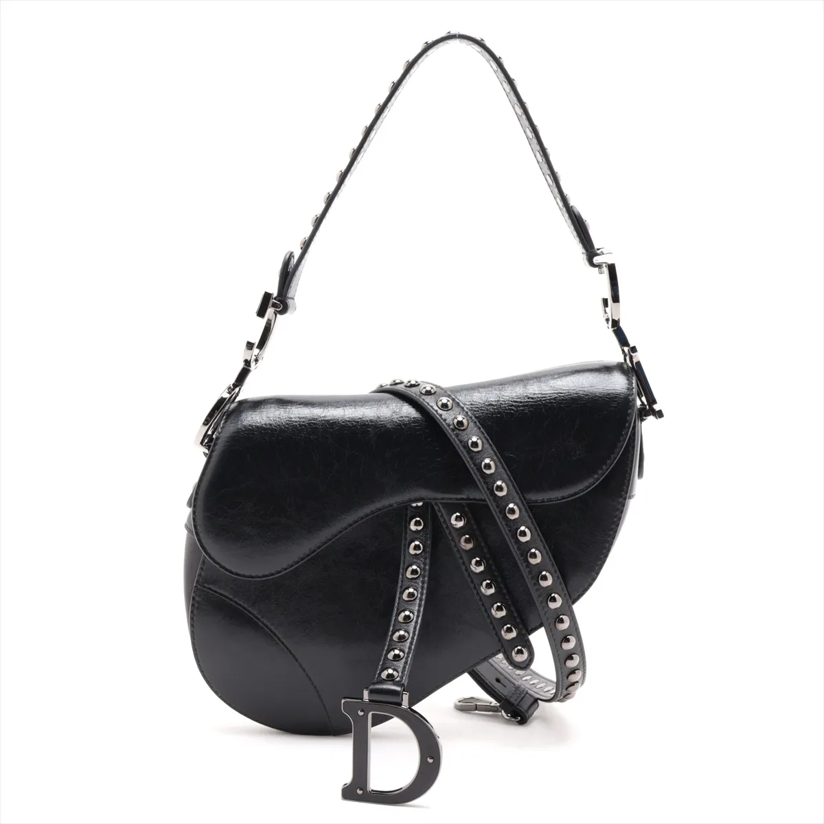 Saddle Leather x Studs 2-Way Handbag, Black