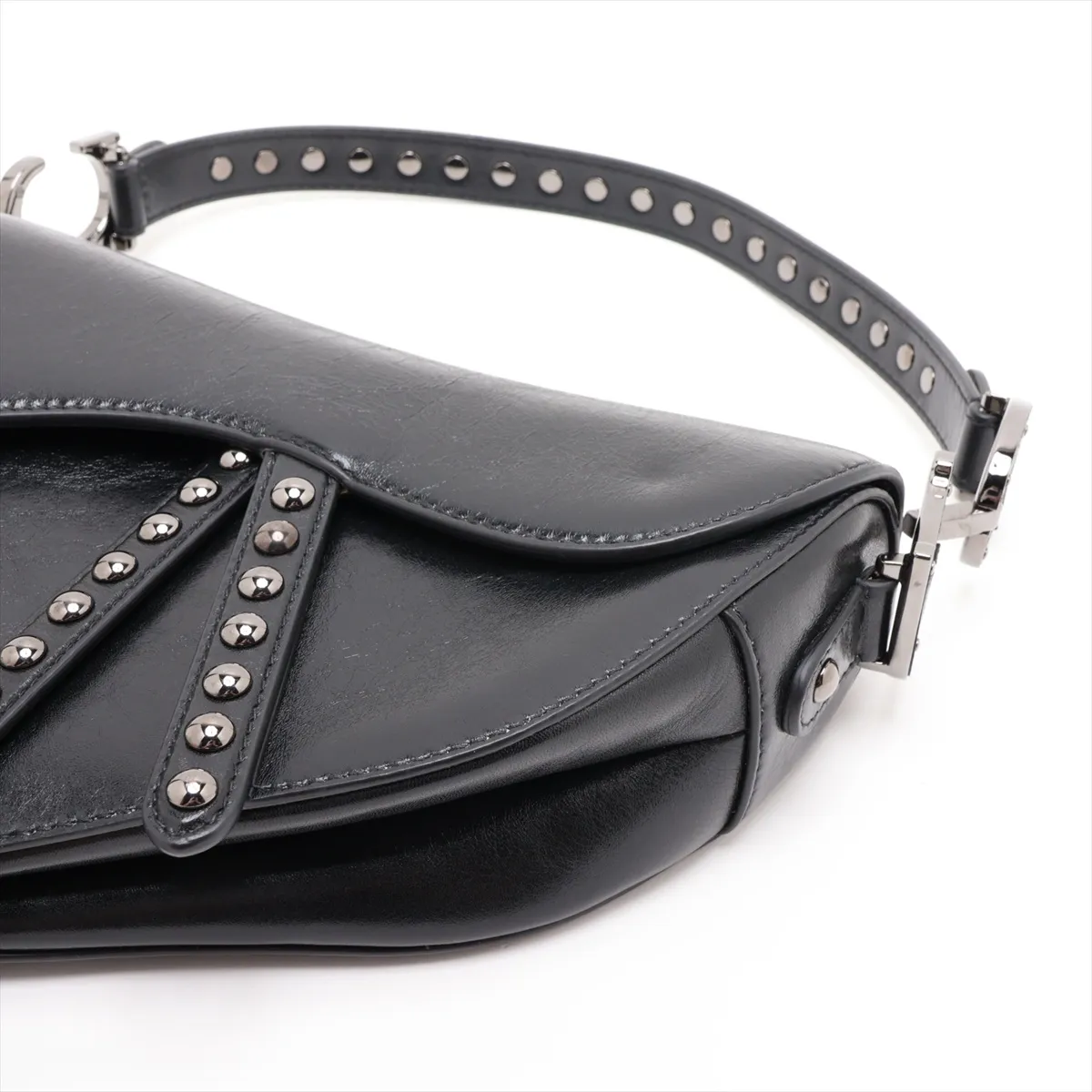 Saddle Leather x Studs 2-Way Handbag, Black — view 3