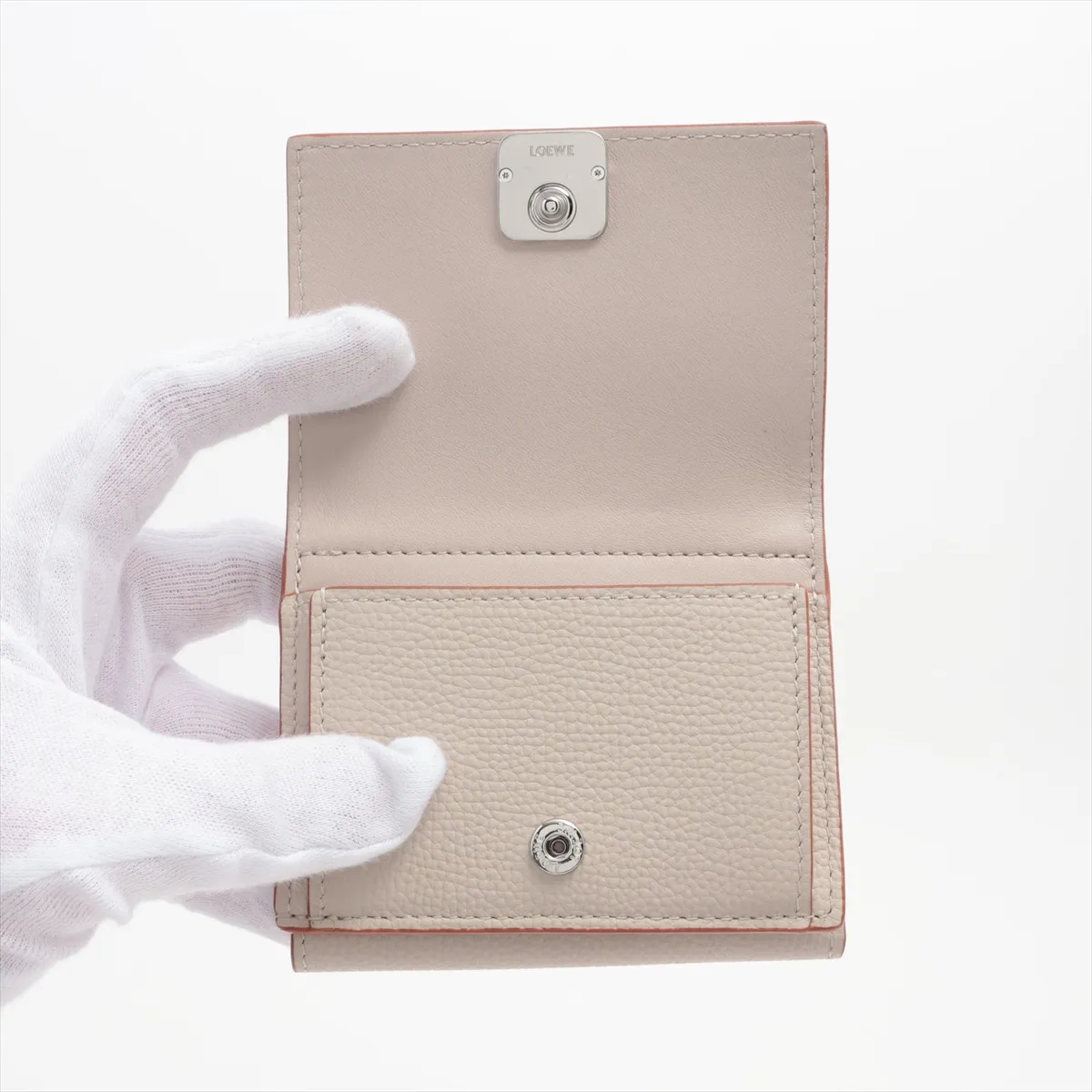 Anagram Trifold Leather Compact Wallet, Beige — view 3