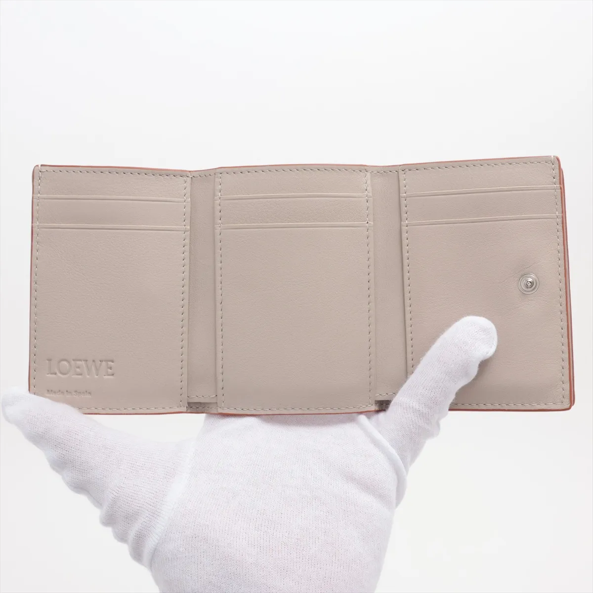 Anagram Trifold Leather Compact Wallet, Beige — view 5