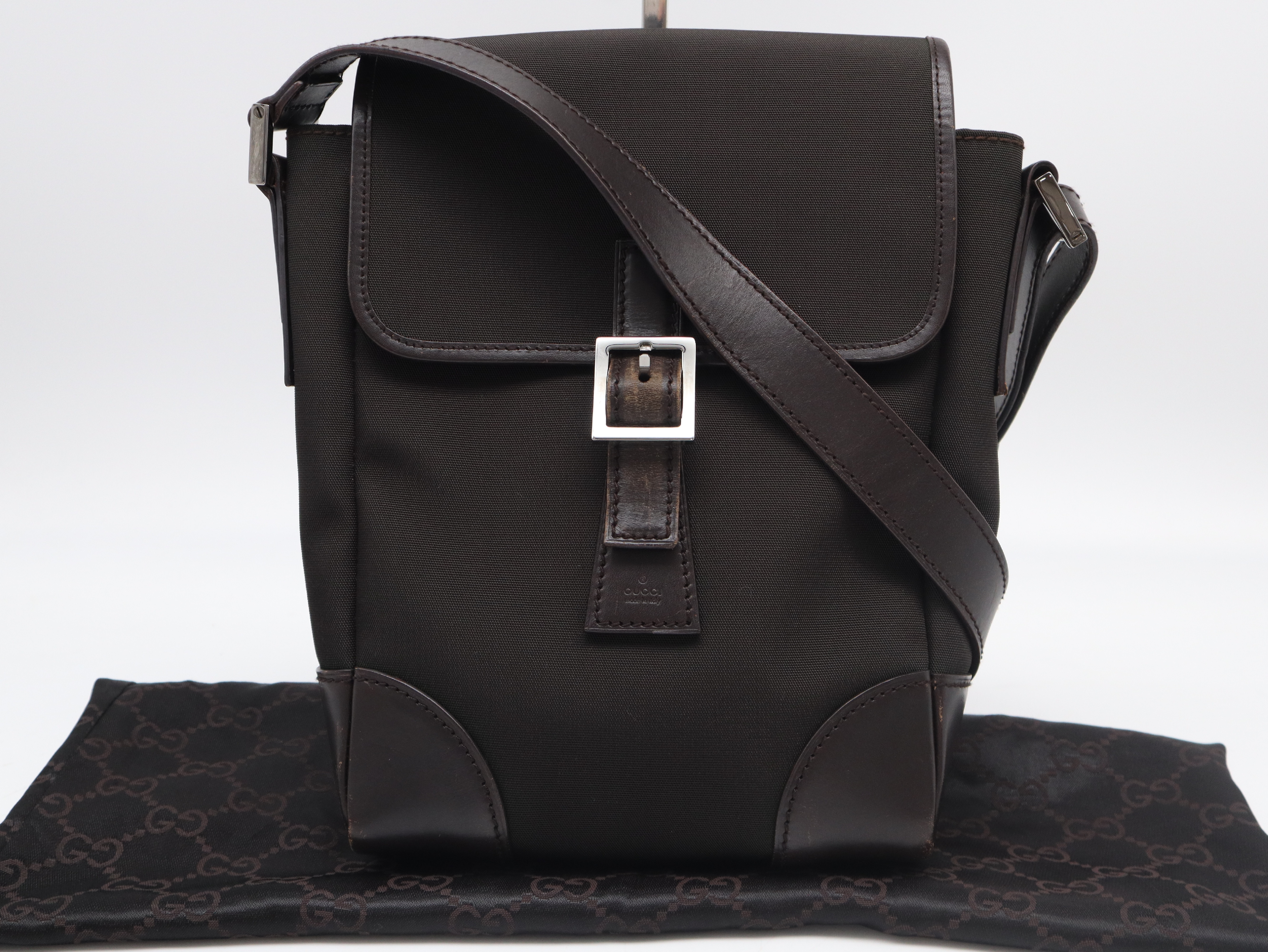 108823 Canvas Leather Shoulder Bag, Brown, with Dust Bag.