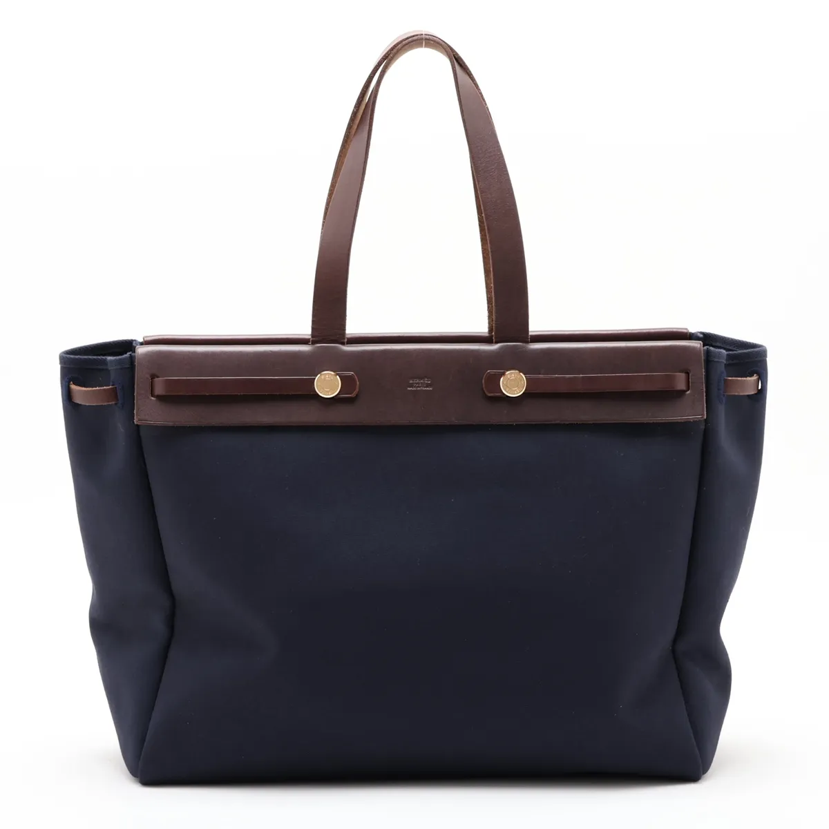 Herbag Cabas GM Toile Officier x Vache Hunter Navy x Brown Gold Hardware Pouch is sticky — view 2