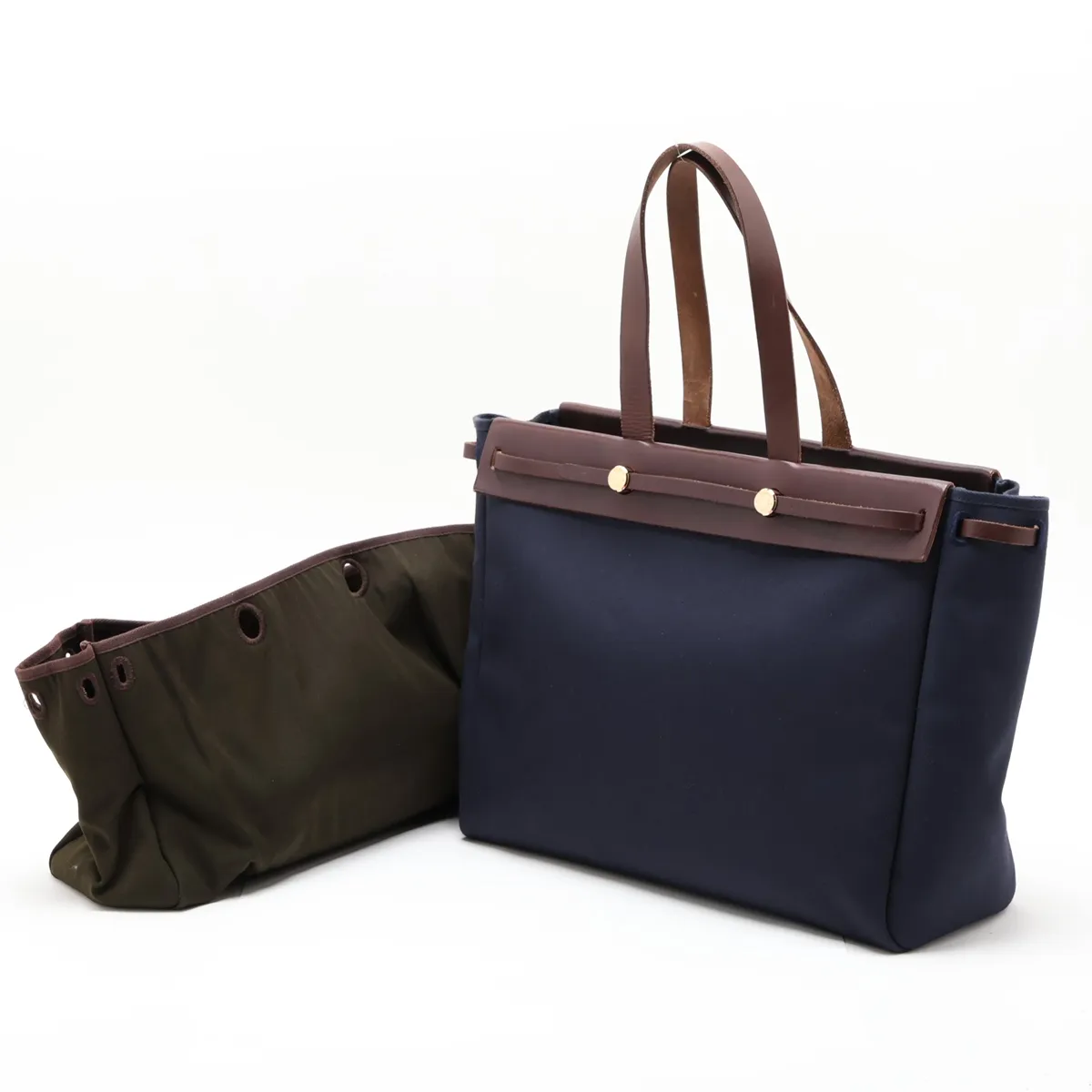 Herbag Cabas GM Toile Officier x Vache Hunter Navy x Brown Gold Hardware Pouch is sticky — view 10