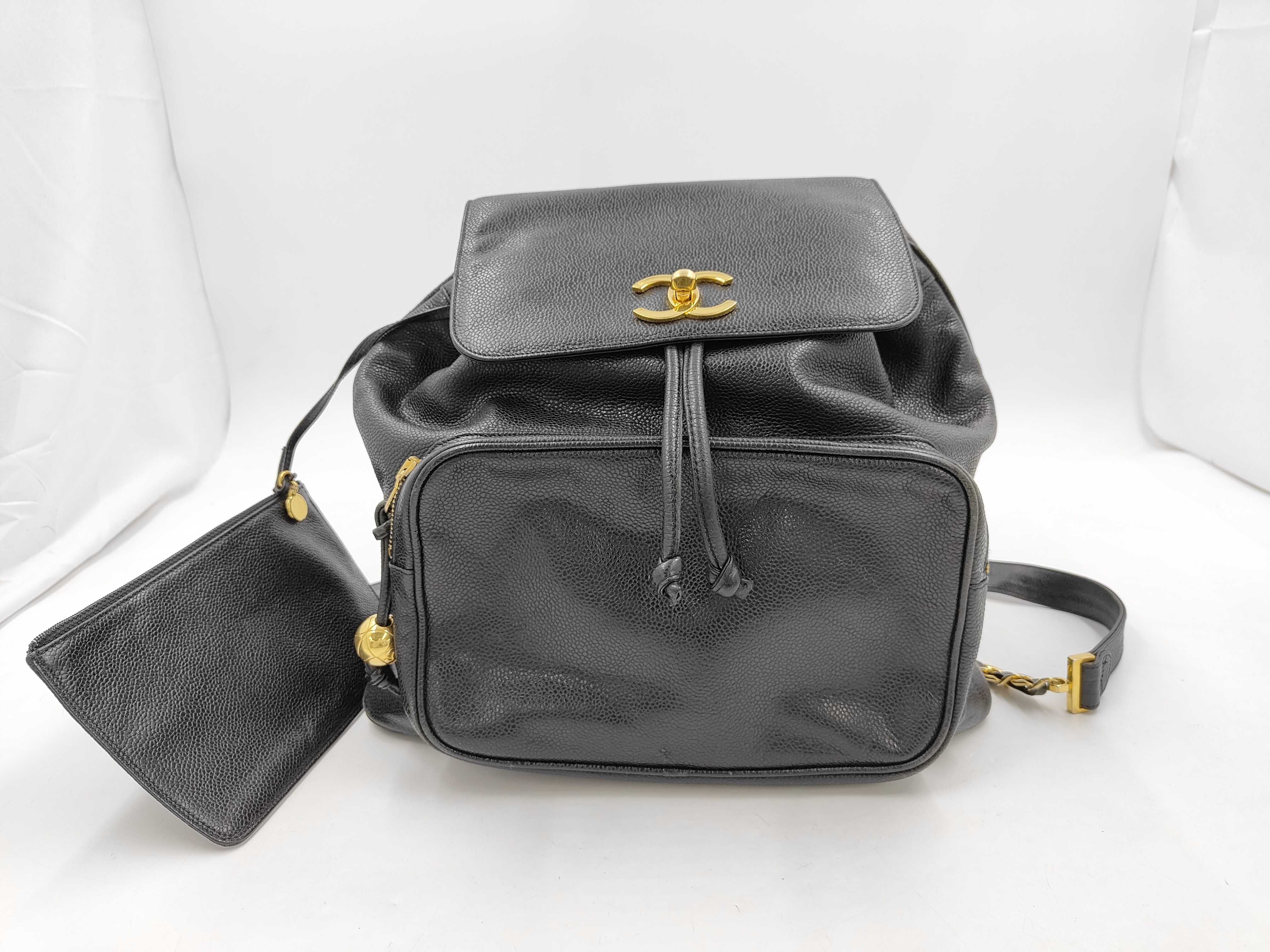 Caviar Skin Backpack, Black with Gold Hardware