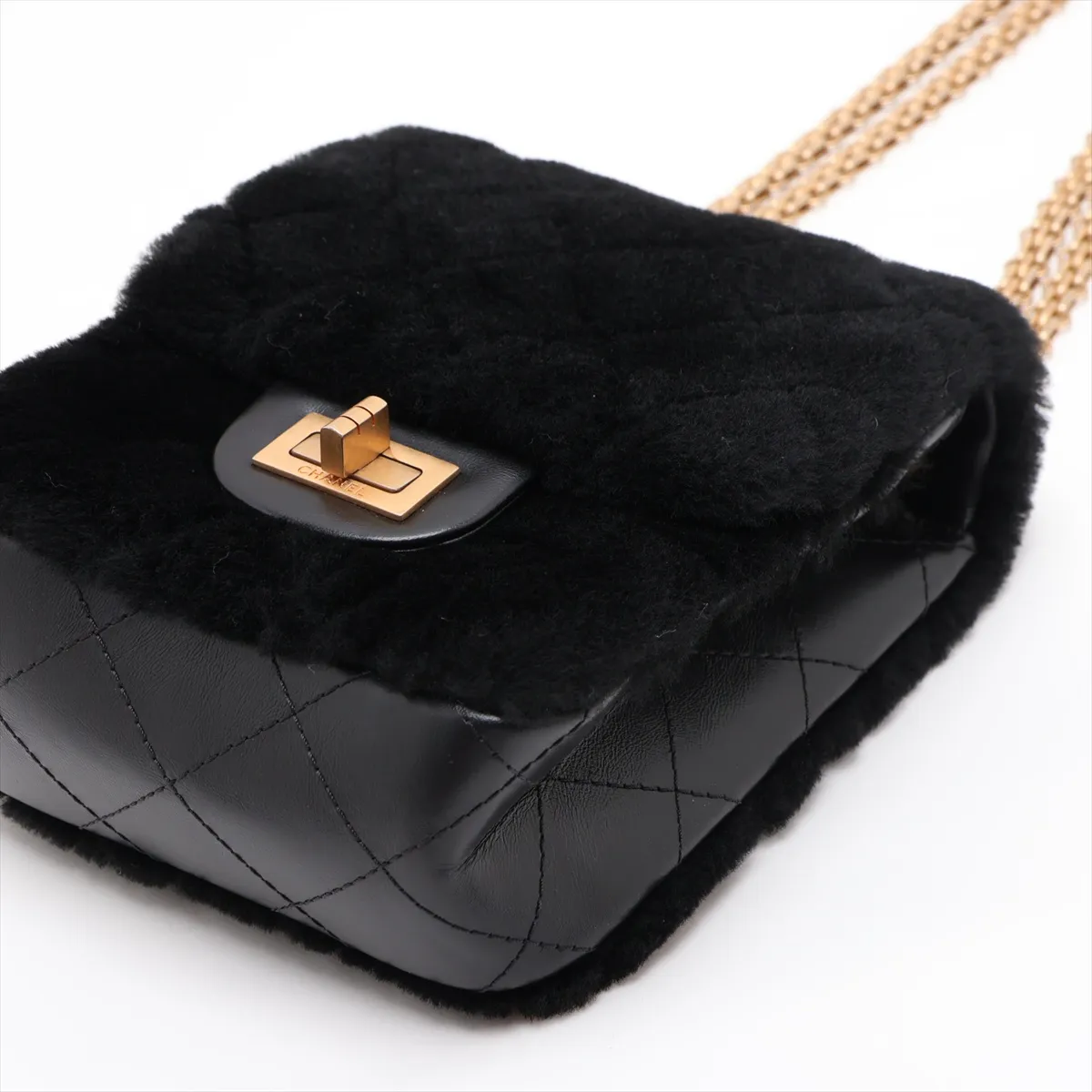 Matelassé 2.55 Fur x Lambskin Single Flap Double Chain Bag, Black with Gold Hardware, 30608429 (Serial Number in the 30s) — view 3
