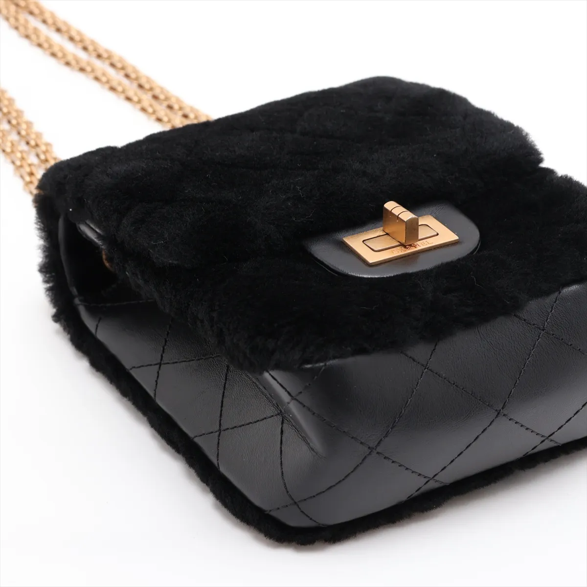 Matelassé 2.55 Fur x Lambskin Single Flap Double Chain Bag, Black with Gold Hardware, 30608429 (Serial Number in the 30s) — view 4