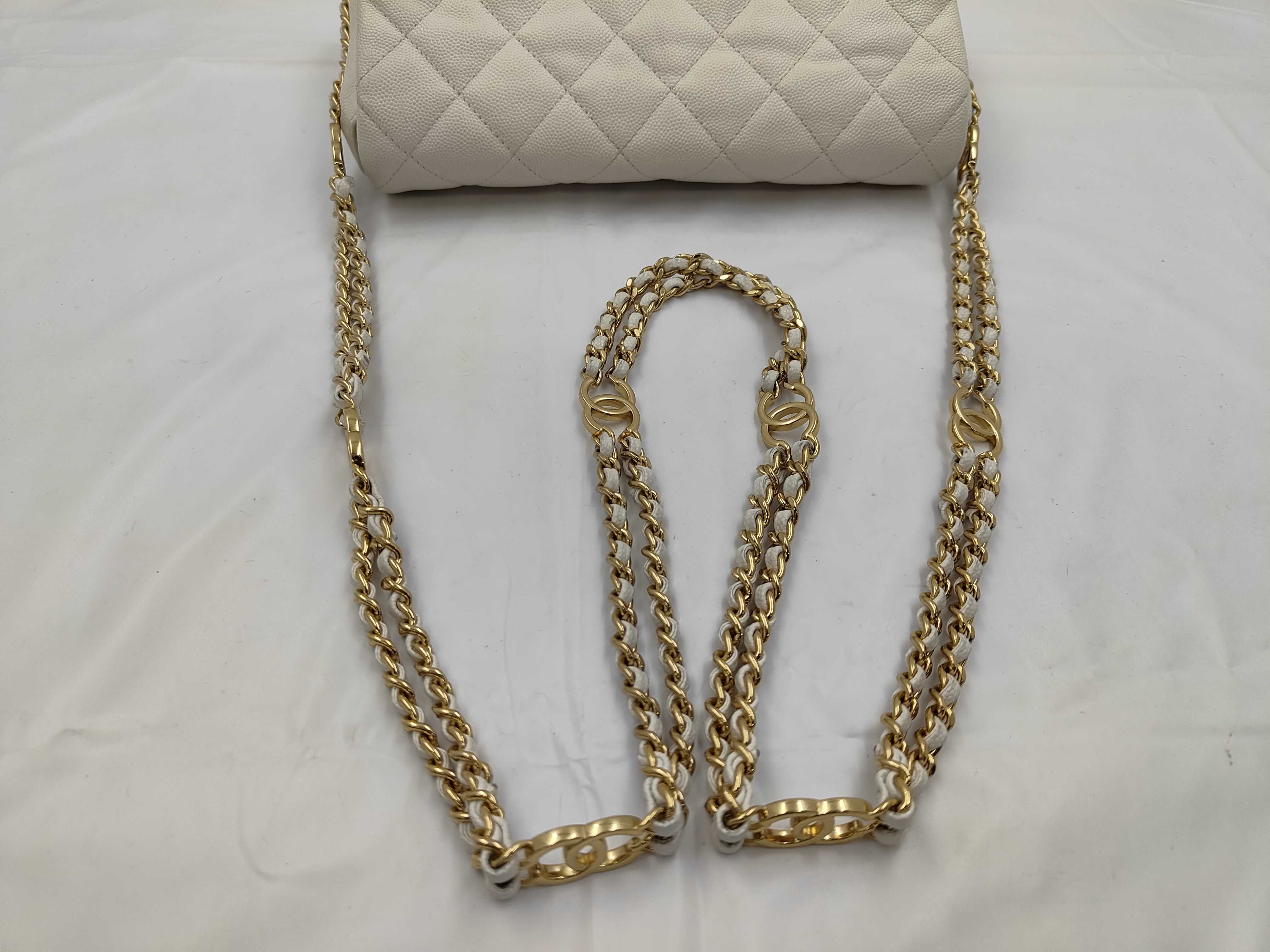 Matelassé Chain Shoulder Bag, Caviar Leather, White — view 3