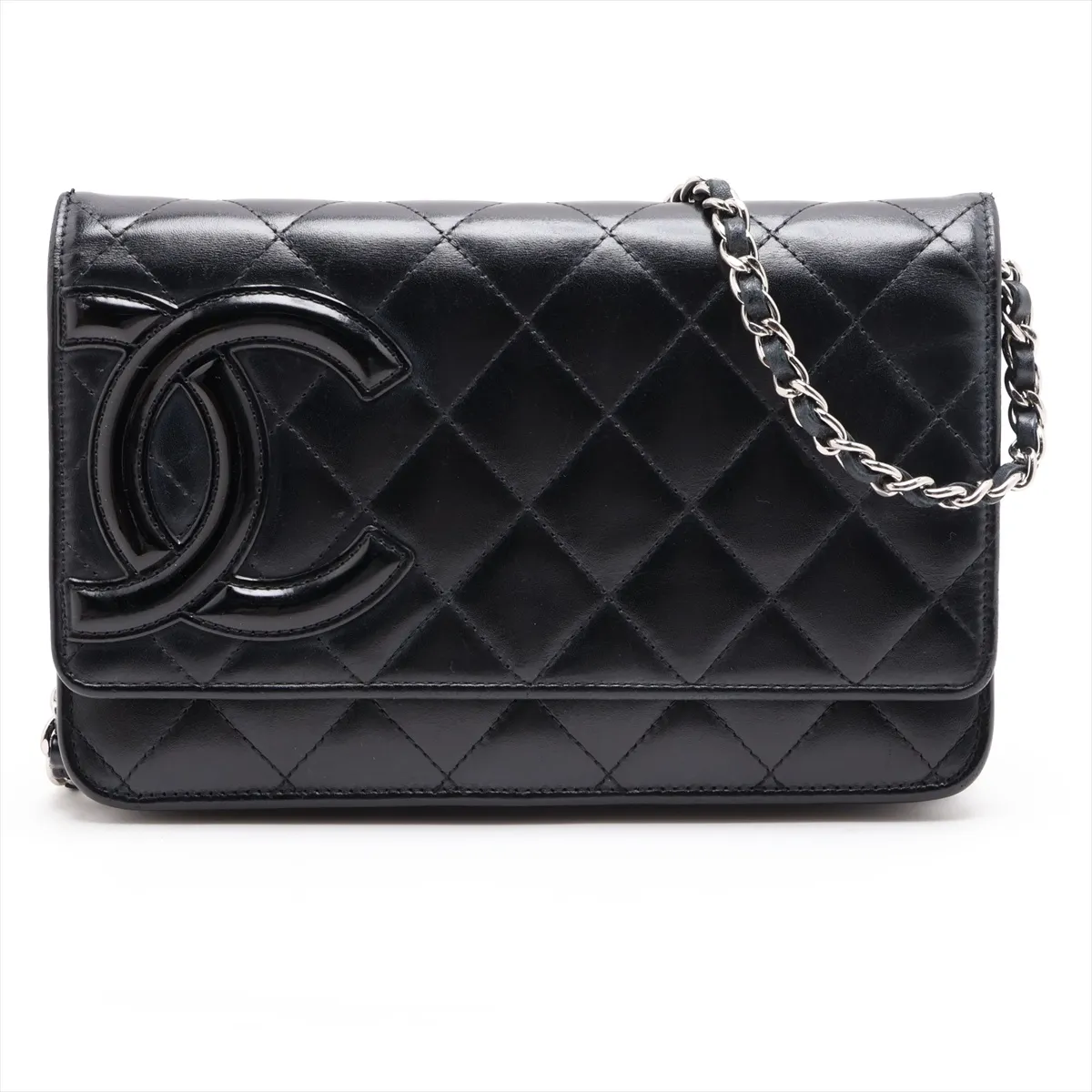 Cambon Line Leather x Patent Leather Chain Wallet, Black, Silver Hardware, 19375950, Serial Number 19