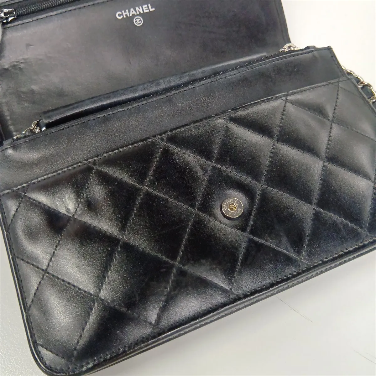 Cambon Line Leather x Patent Leather Chain Wallet, Black, Silver Hardware, 19375950, Serial Number 19 — view 14
