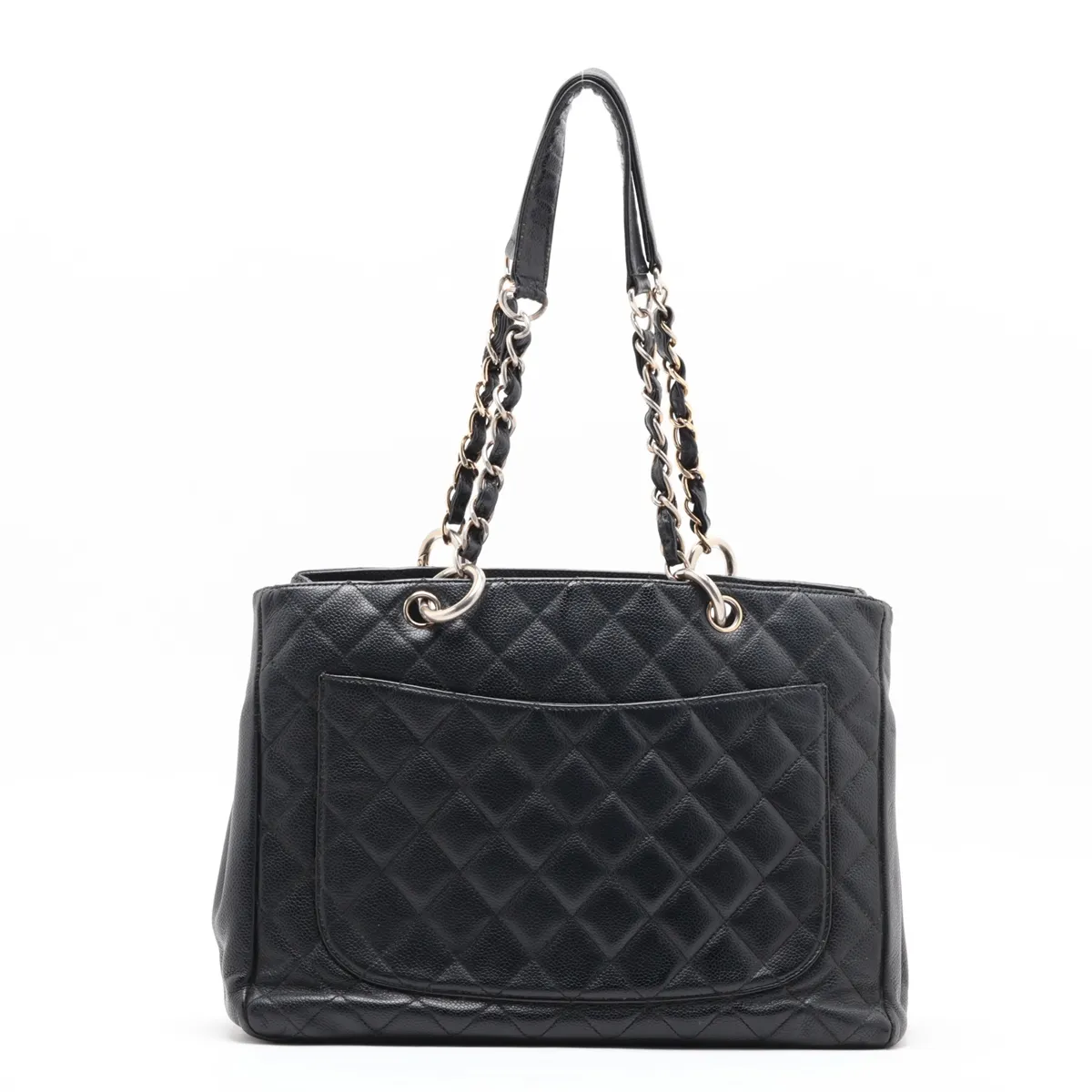 GST Caviar Skin Chain Tote Bag, Black with Gold Hardware — view 2