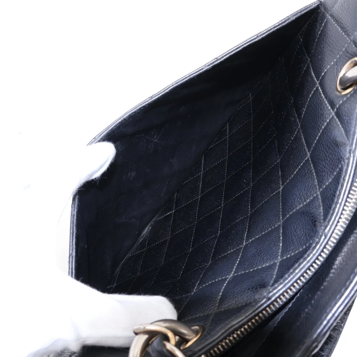 GST Caviar Skin Chain Tote Bag, Black with Gold Hardware — view 12