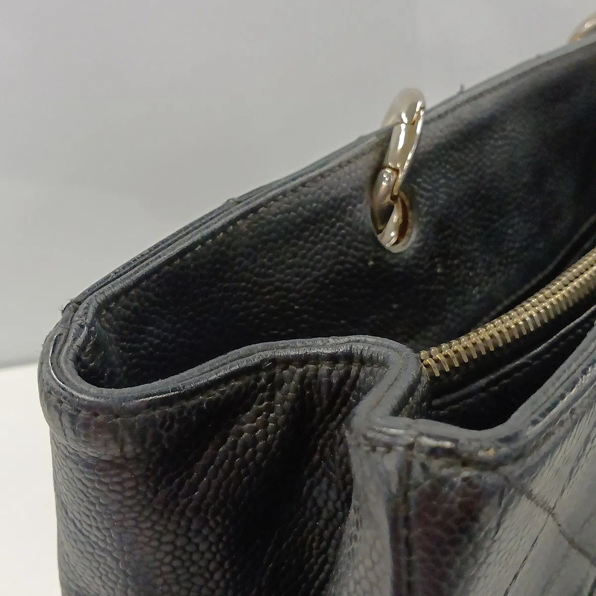 GST Caviar Skin Chain Tote Bag, Black with Gold Hardware — view 14
