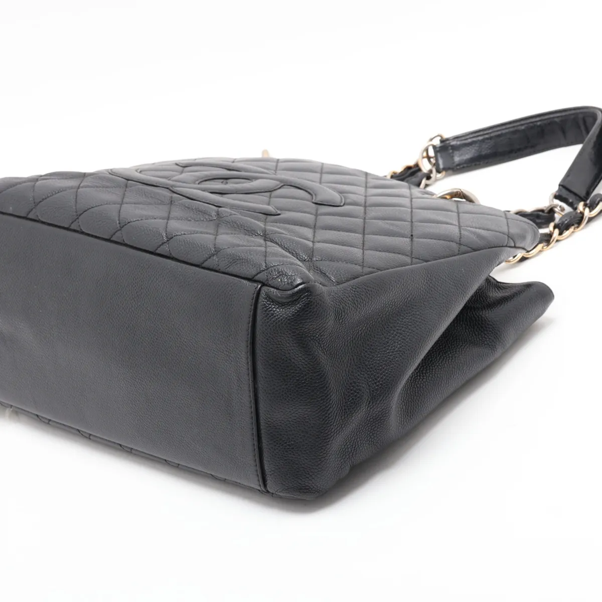 GST Caviar Skin Chain Tote Bag, Black with Gold Hardware — view 3