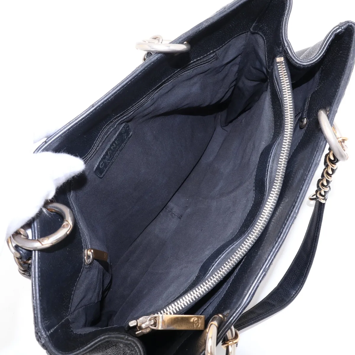 GST Caviar Skin Chain Tote Bag, Black with Gold Hardware — view 7