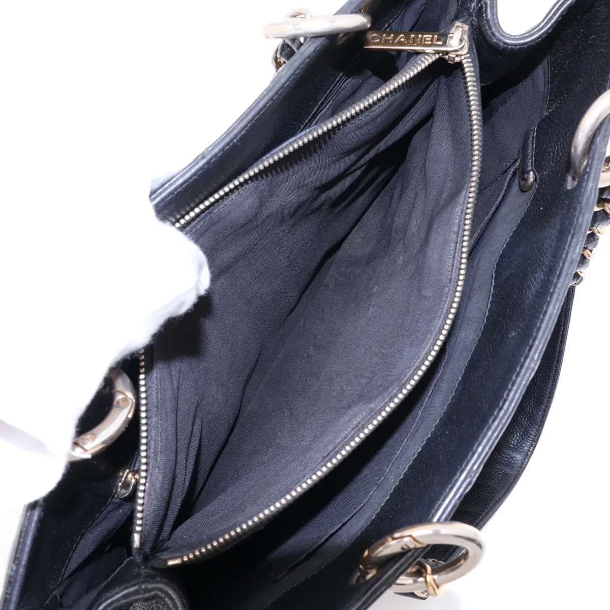 GST Caviar Skin Chain Tote Bag, Black with Gold Hardware — view 9