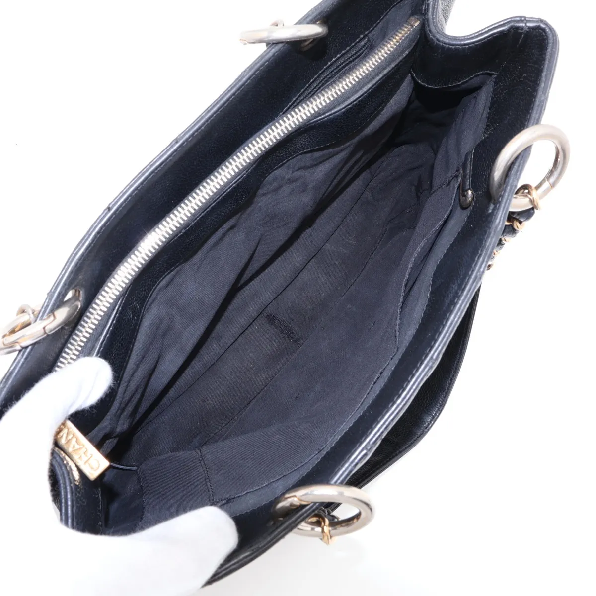 GST Caviar Skin Chain Tote Bag, Black with Gold Hardware — view 10