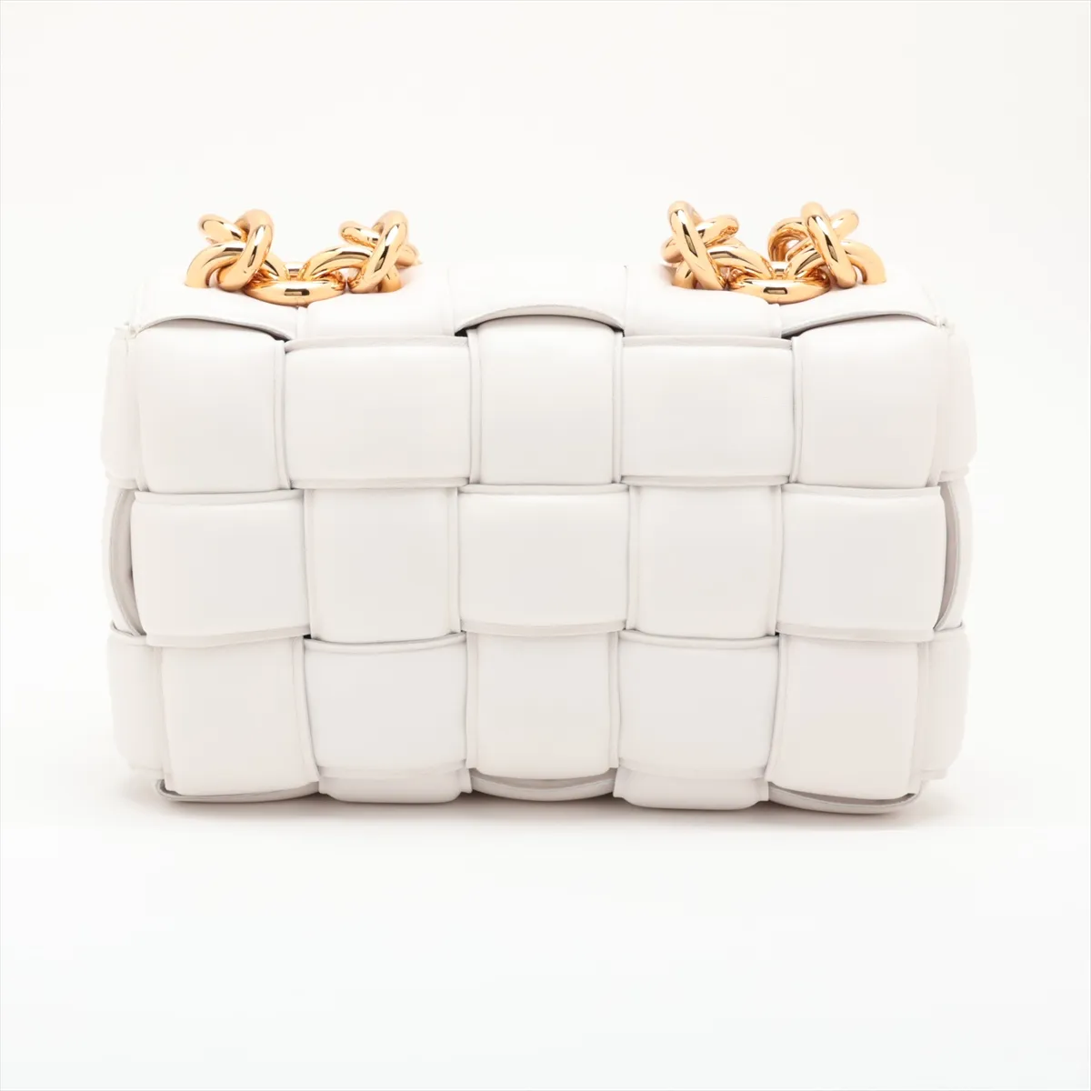Maxi Intrecciato Padded Cassette Leather Chain Shoulder Bag, White — view 2
